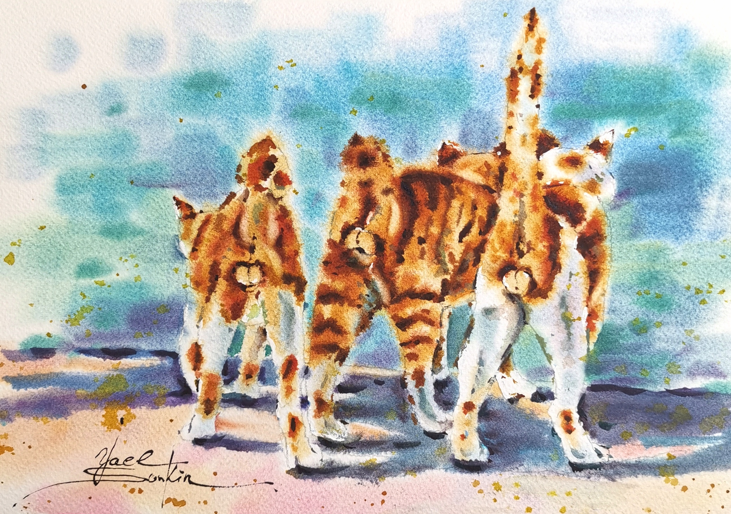 original watercolor artwork showing three striped ginger cats standing side by side on the seaside, looking curiously into the distance, painted by artist Yael Natali