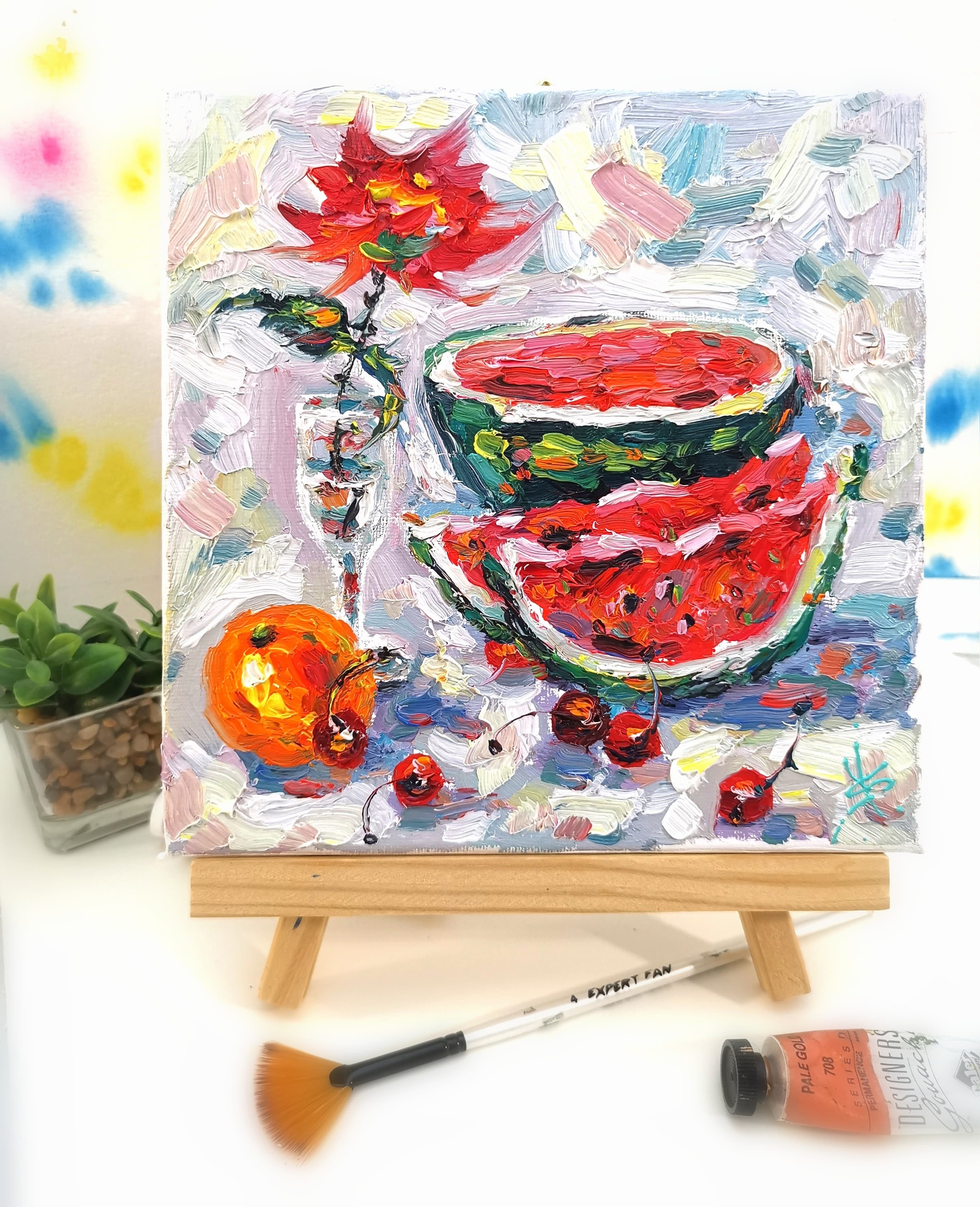 colorful impasto oil still life with fresh fruits and floral vase – watermelon slice, orange, cherries – modern kitchen wall art