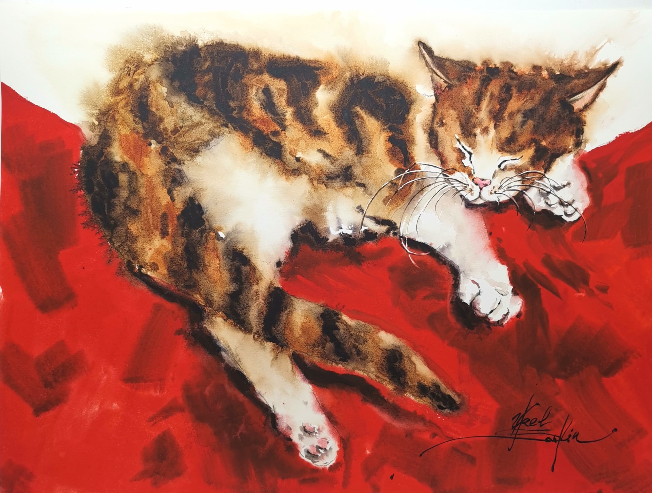 original watercolor painting of a sleeping ginger cat on a red background, 11x15 inches. Cozy feline art, hand-painted wall decor for cat lovers and pet art collectors