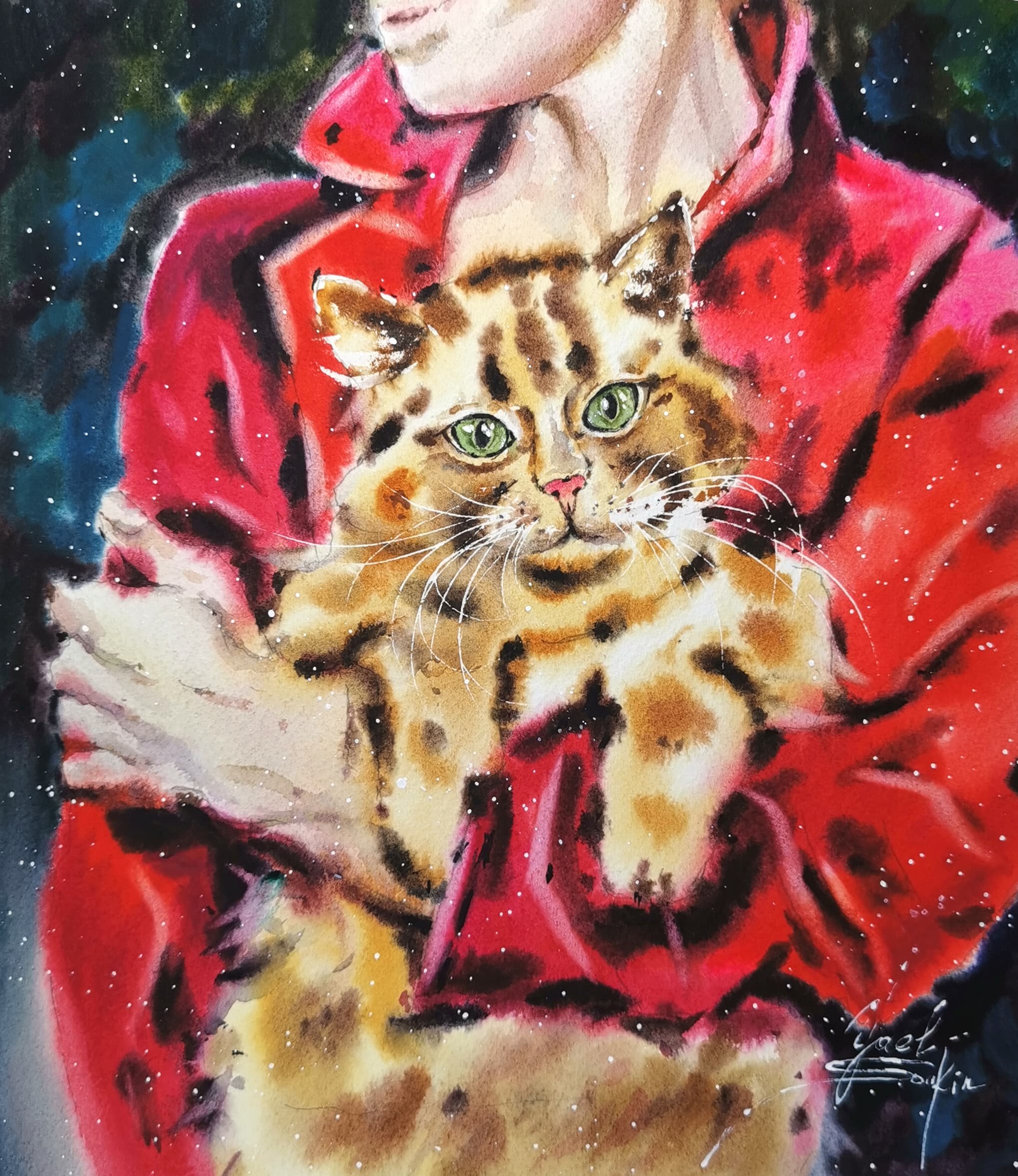 Original watercolor painting of a girl in a red coat holding a ginger tabby cat with green eyes, by artist Yael Natali. Expressive and emotional portrait showing love between a woman and her pet, painted in warm red and golden tones