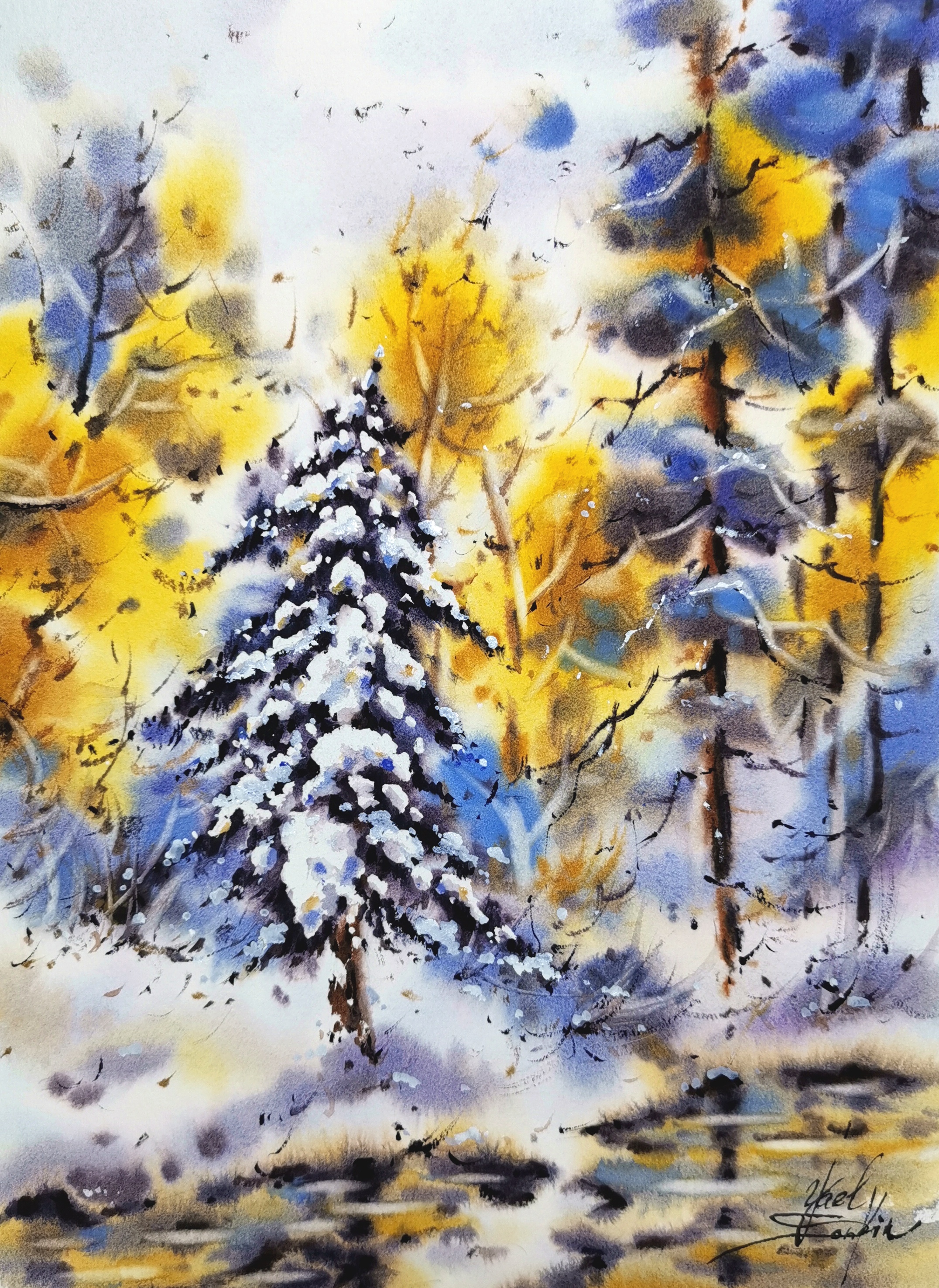original winter forest watercolor painting, snowy pine with golden light, landscape wall art, 9x12 inches