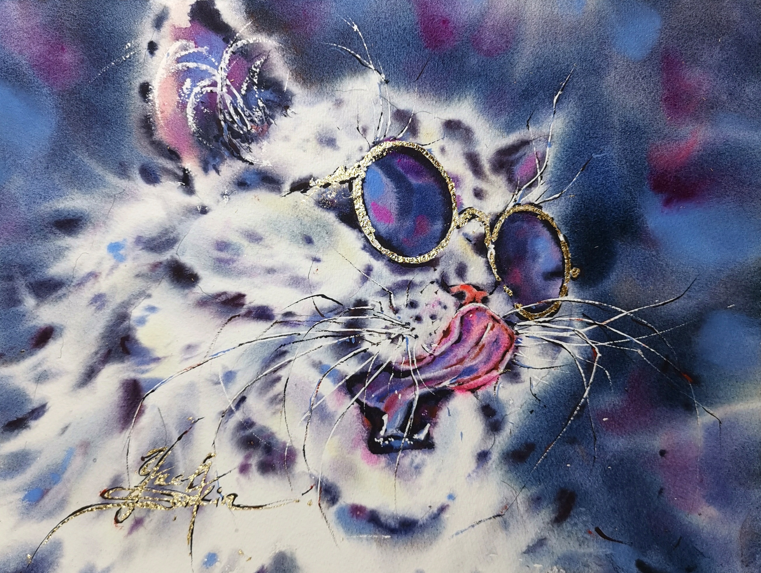 original watercolor cool cat painting with gold foil sunglasses, modern stylish cat wall art by yael natali, 11x15 in