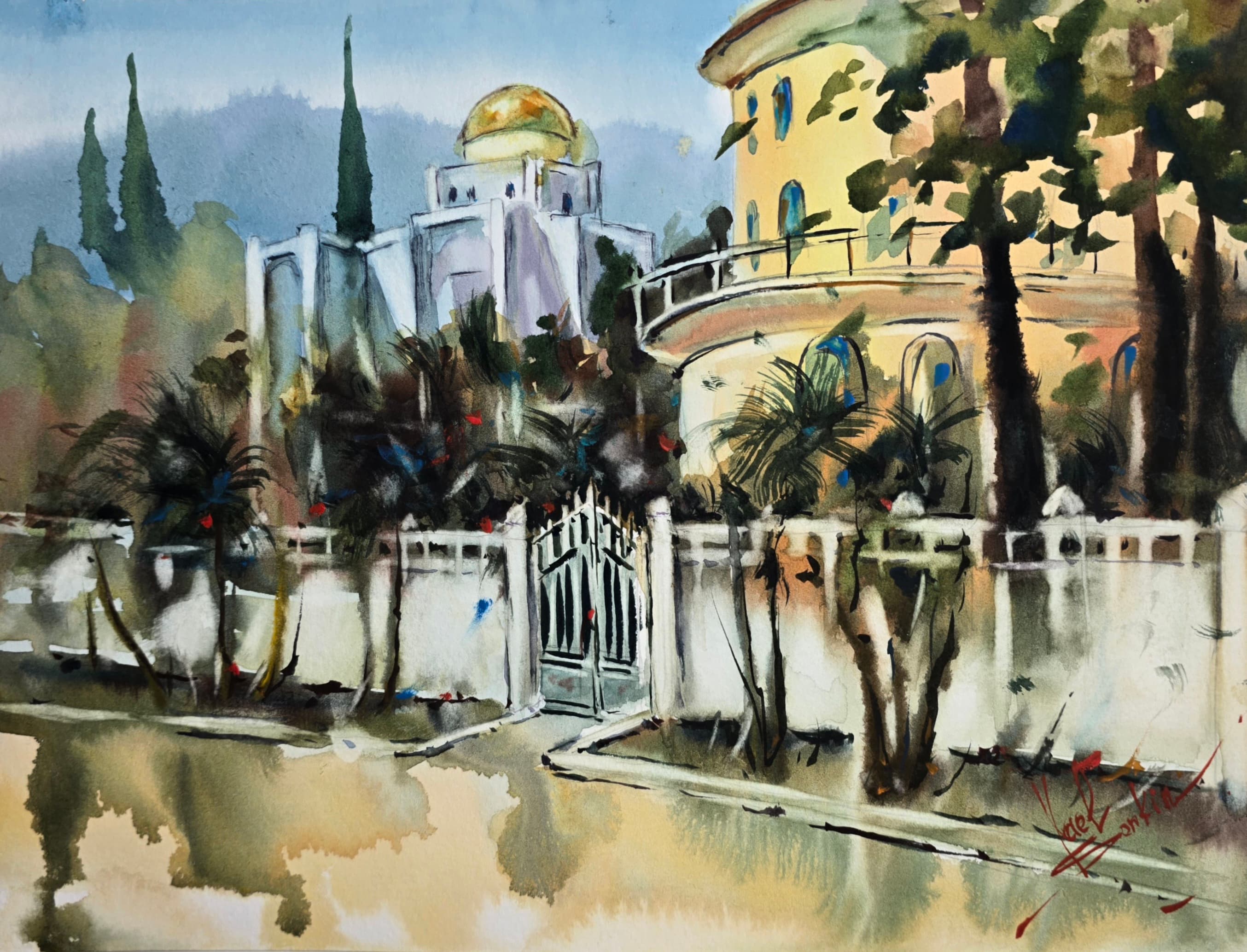 Original watercolor painting “Golden Dome in Gagra. Abkhazia” by Yael Natali — plein-air artwork depicting sunny southern architecture in Gagra, Abkhazia, with a golden dome, white fence, palm trees, and mountain background. Warm travel landscape art painted in soft natural light