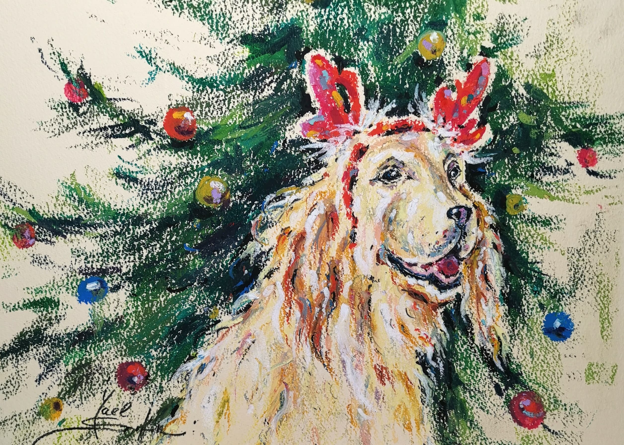 watercolor-style oil pastel painting of a Golden Retriever dog with reindeer antlers sitting in front of a decorated Christmas tree, festive holiday animal art by Yael Natali, 11x15 inches original pastel drawing on paper