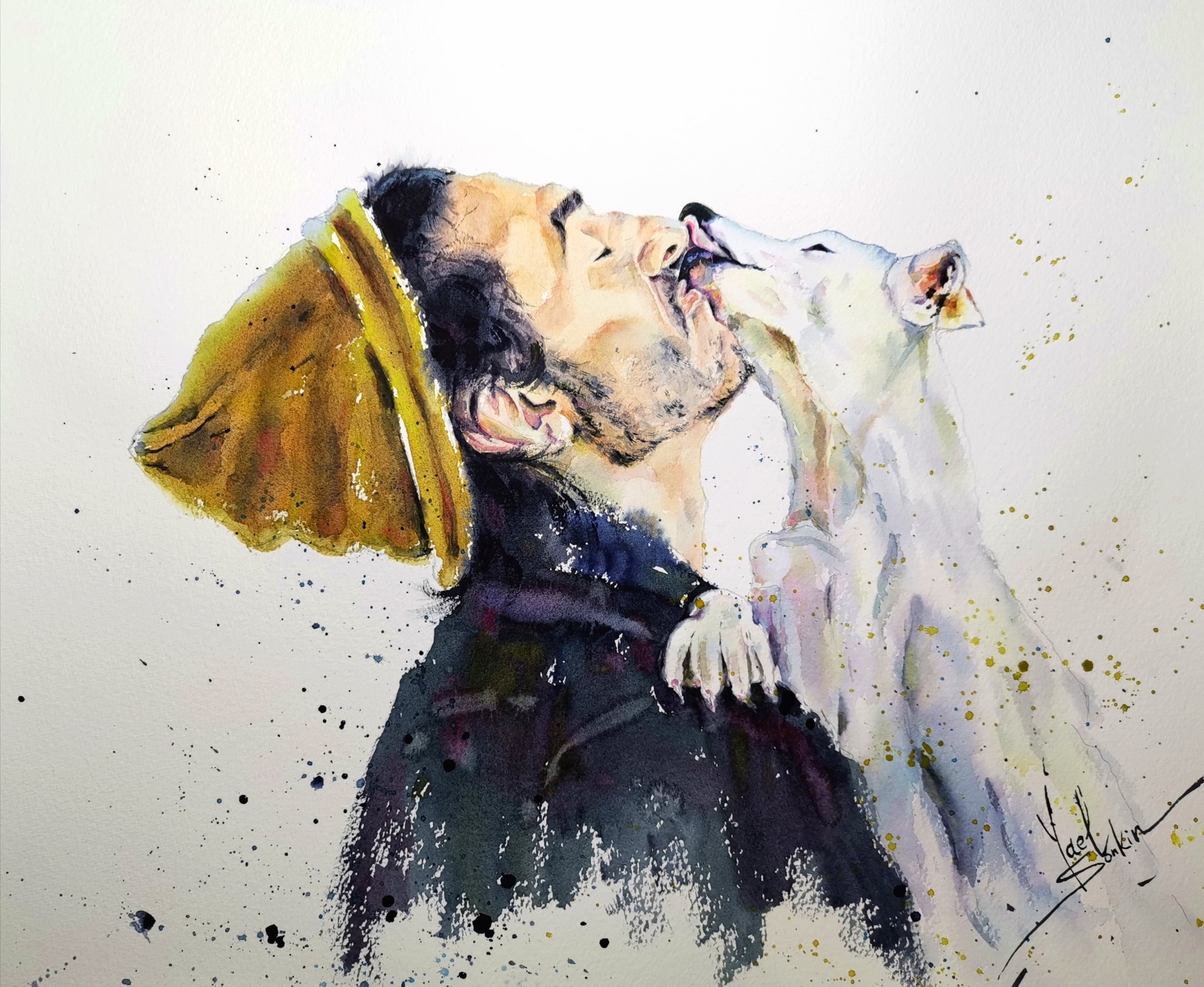 original watercolor painting of man and dog, human pet love artwork, expressive modern wall art, 15x18 inches