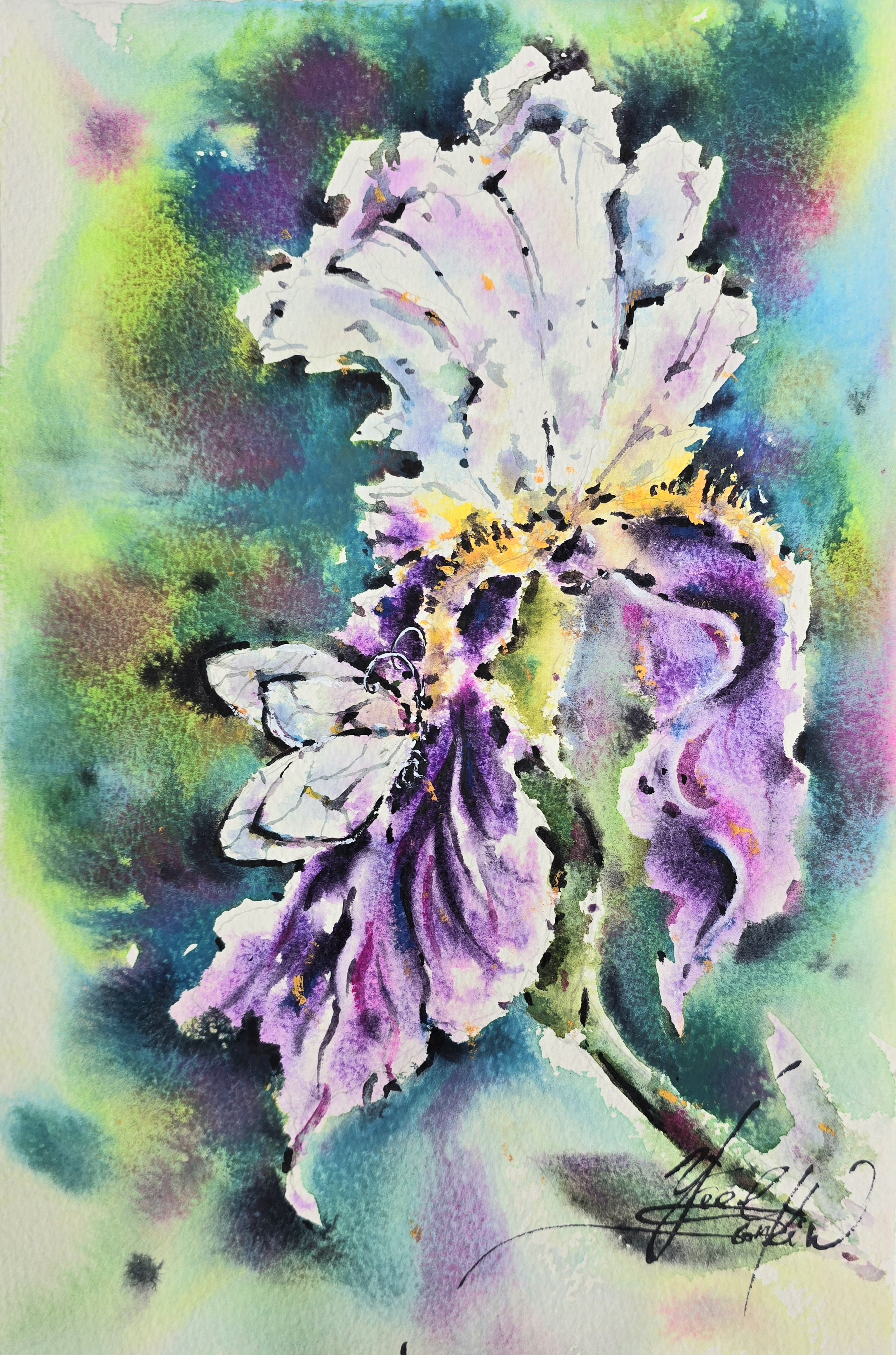 original watercolor painting features a graceful purple iris flower with a delicate butterfly resting on its petals by artist Yael Natali
