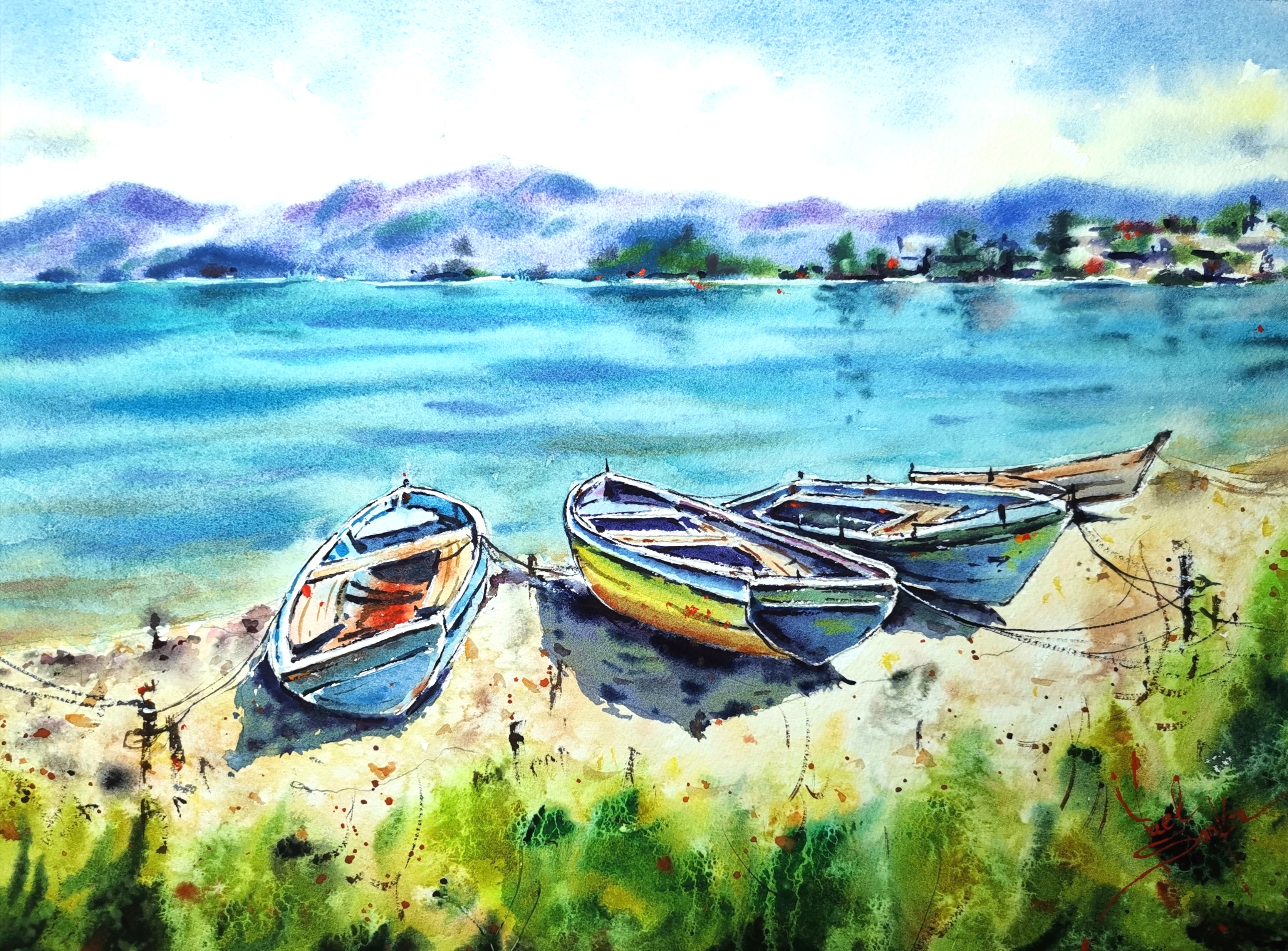 Original watercolor painting of colorful fishing boats on the Italian coast. Seaside landscape with turquoise Mediterranean water, sandy beach, and distant blue mountains under sunlight. Hand-painted coastal artwork by artist Yael Natali, inspired by Italy’s tranquil maritime scenery