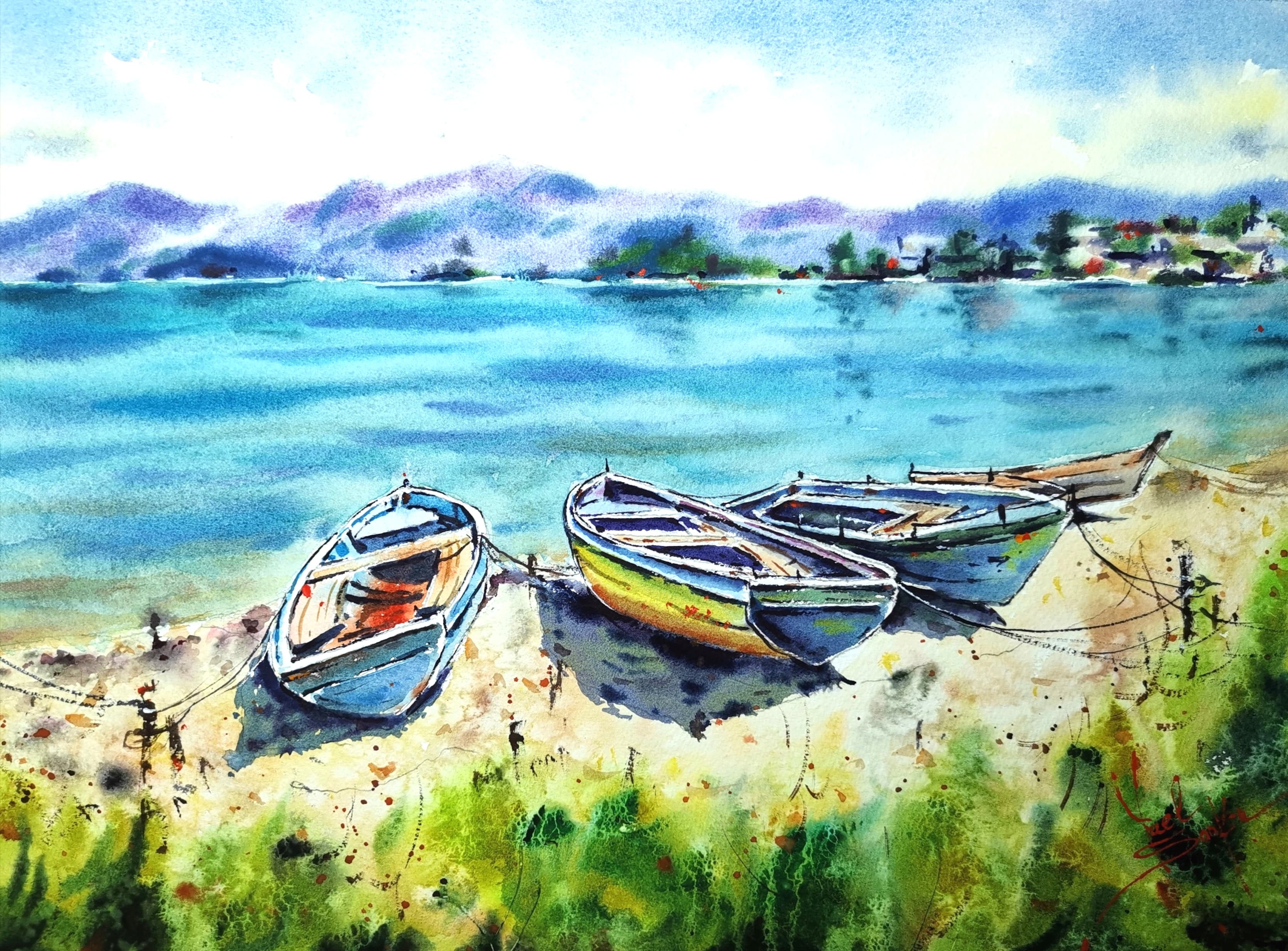 Original watercolor painting of colorful fishing boats on the Italian coast. Seaside landscape with turquoise Mediterranean water, sandy beach, and distant blue mountains under sunlight. Hand-painted coastal artwork by artist Yael Natali, inspired by Italy’s tranquil maritime scenery
