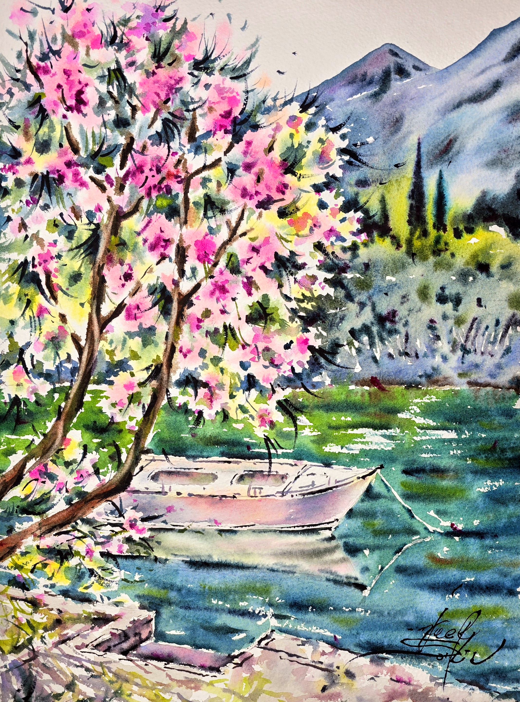 Original watercolor painting, Italian lake landscape, Pink blossoms tree, Boat on water, Mountain view, 15x11 in, Signed by Artist, Unframed