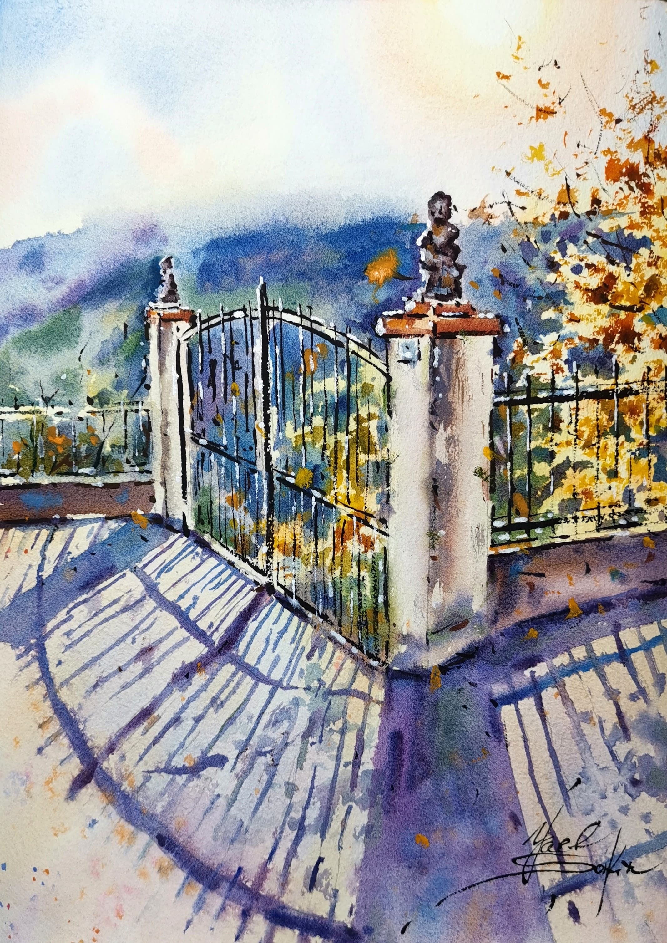 Original watercolor painting “Italian Garden Gate. Imperia” by Yael Natali — Italian mountain landscape featuring an elegant wrought-iron gate, stone pillars, and statues in warm sunlight. The scene overlooks the hills of Imperia, Italy, with long shadows and golden foliage capturing the Mediterranean atmosphere. Fine art watercolor of Italian architecture, mountains, and garden view, perfect for lovers of Italy landscape and travel art