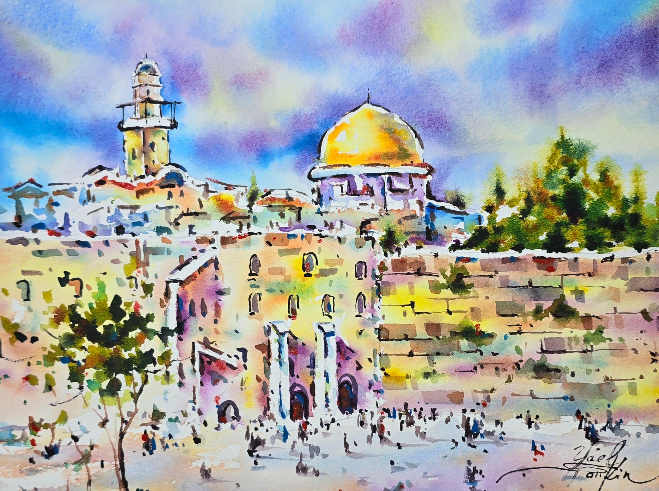original watercolor painting, jerusalem architecture, golden dome, western wall, holy city landscape, 9x12 in, signed by artist, unframed