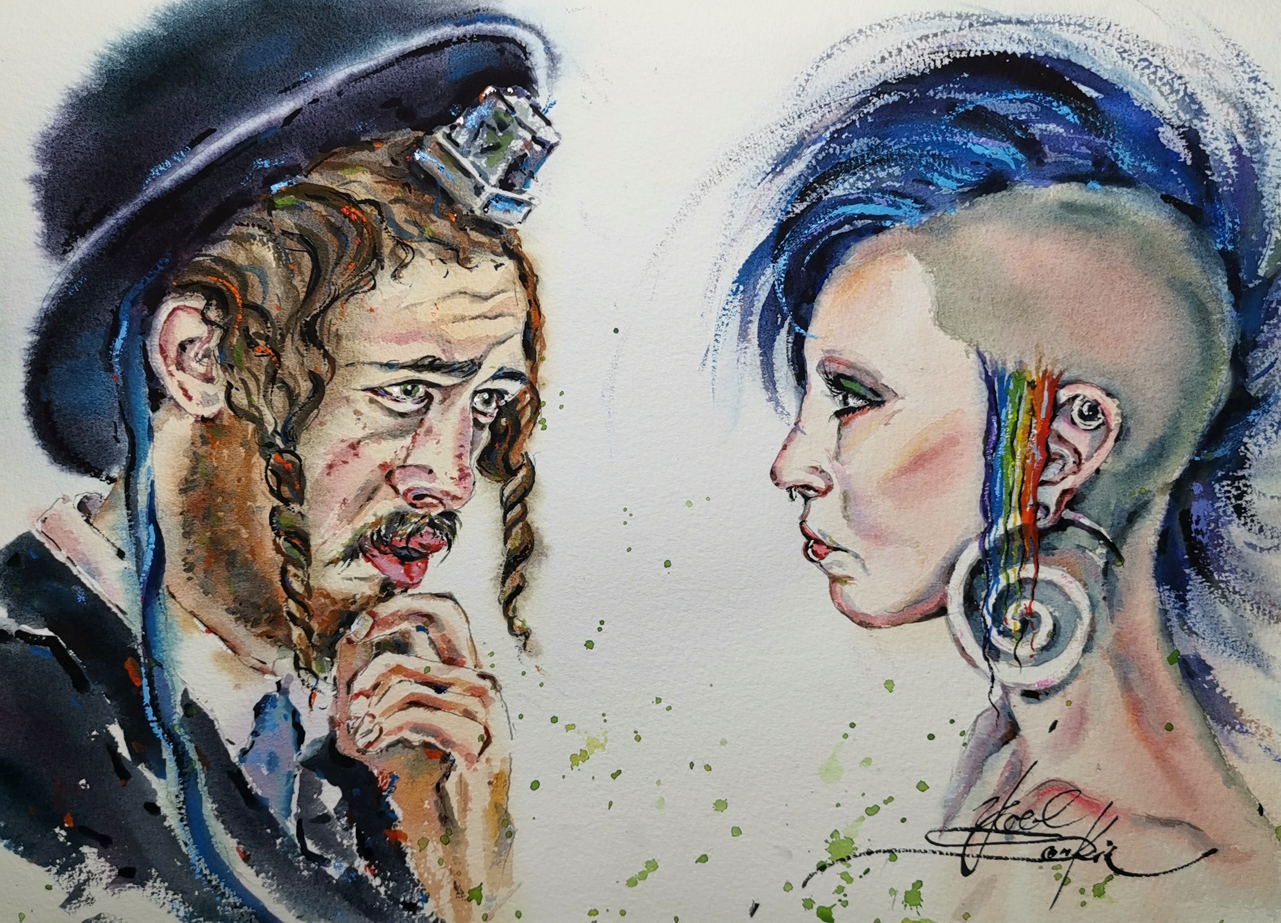 watercolor painting titled Between Faith and Freedom, showing an Orthodox Jewish man and a modern punk woman facing each other, symbolizing Jerusalem and Tel Aviv, tradition and freedom