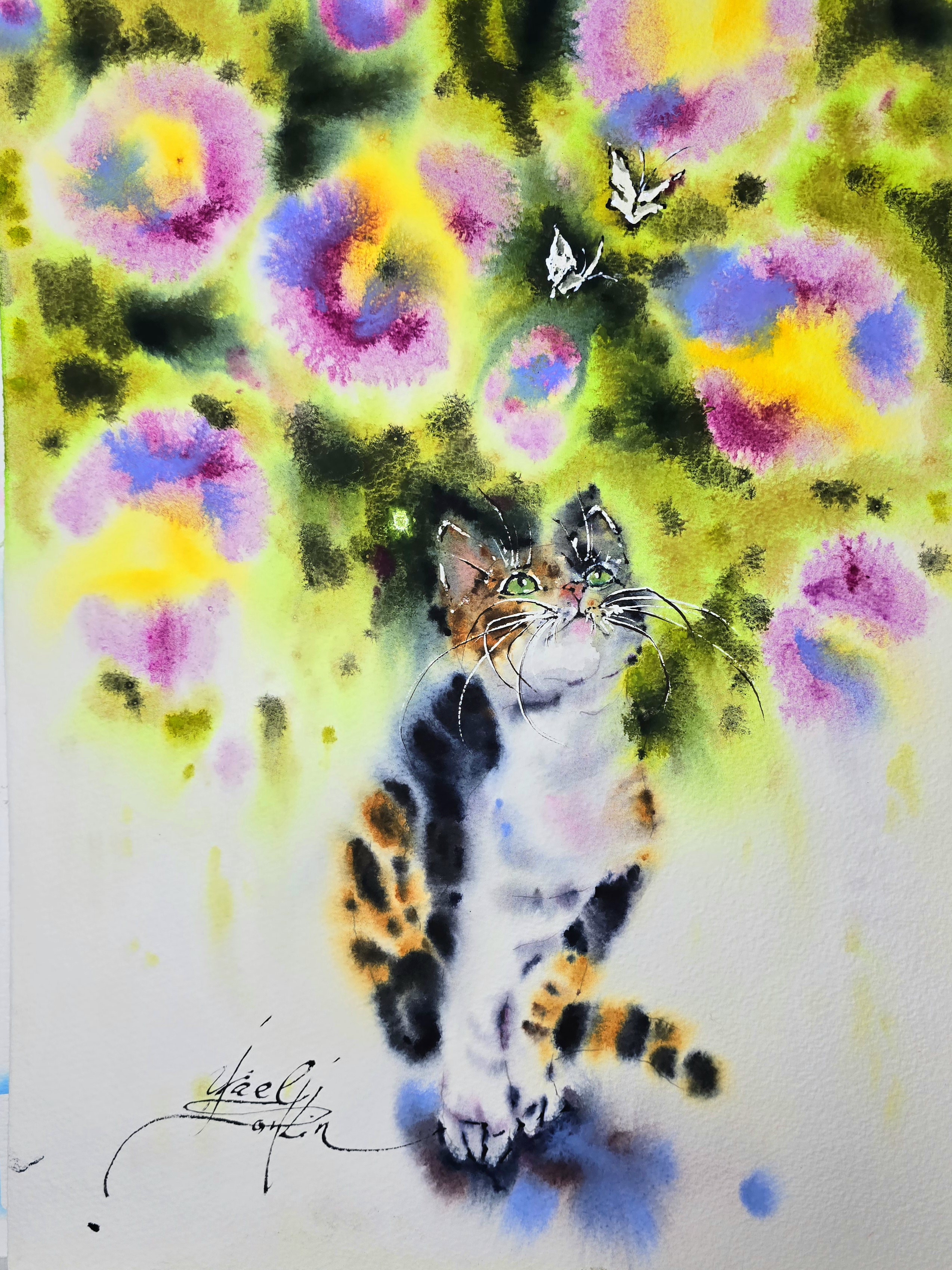 original watercolor calico cat painting with butterflies, floral wall art, colorful feline artwork, signed by artist yael natali