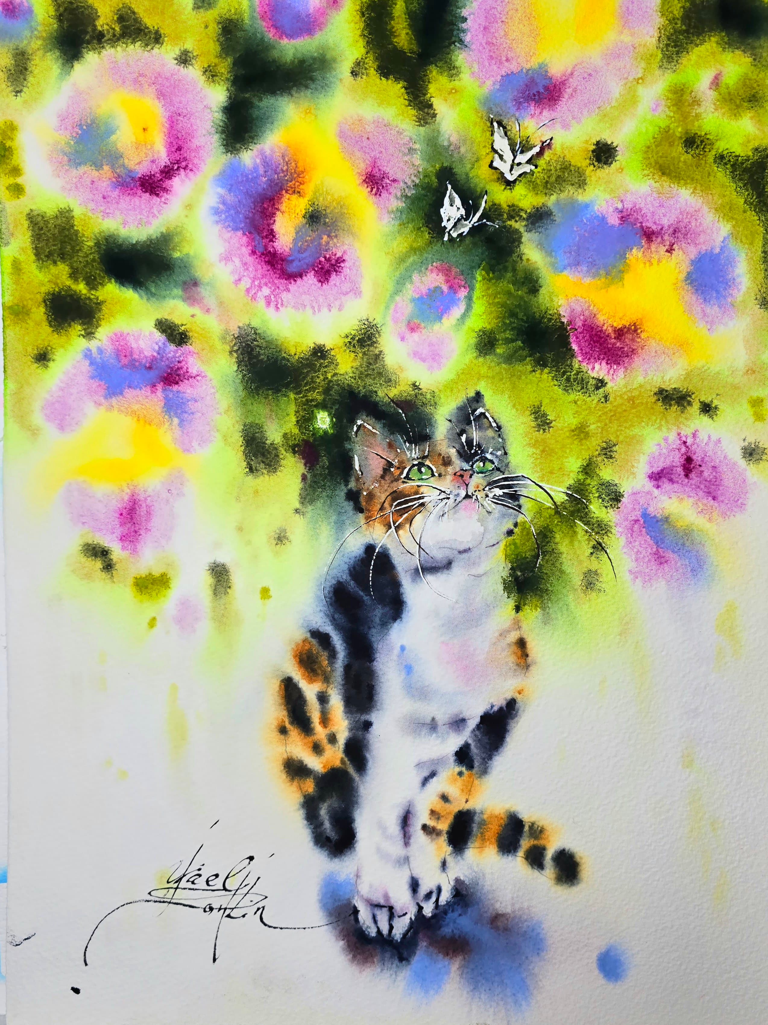 original watercolor calico cat painting with butterflies, floral wall art, colorful feline artwork, signed by artist yael natali