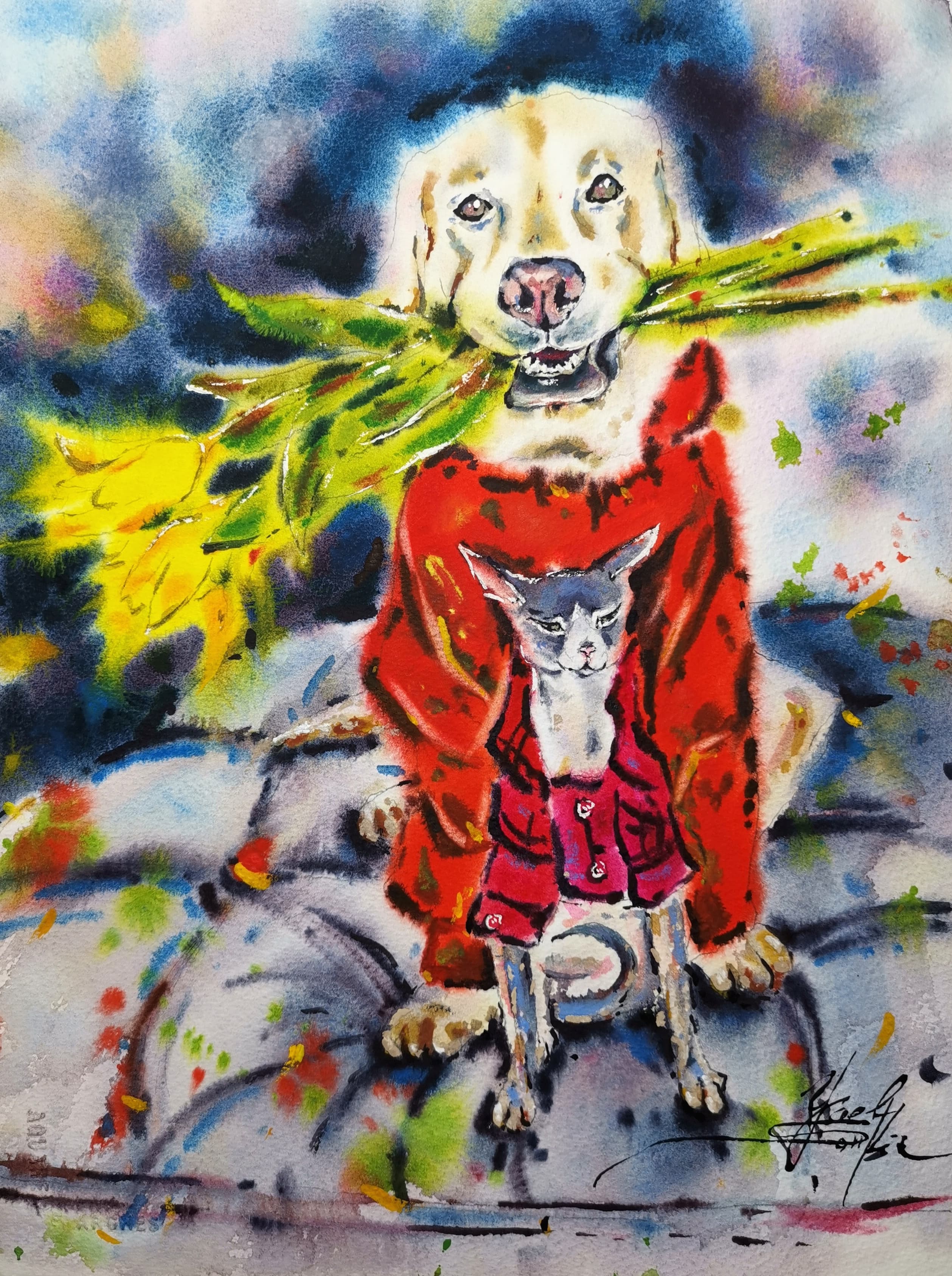 original watercolor painting labrador and sphynx cat, animal friendship artwork, colorful dog and cat wall art, signed by artist yael natali