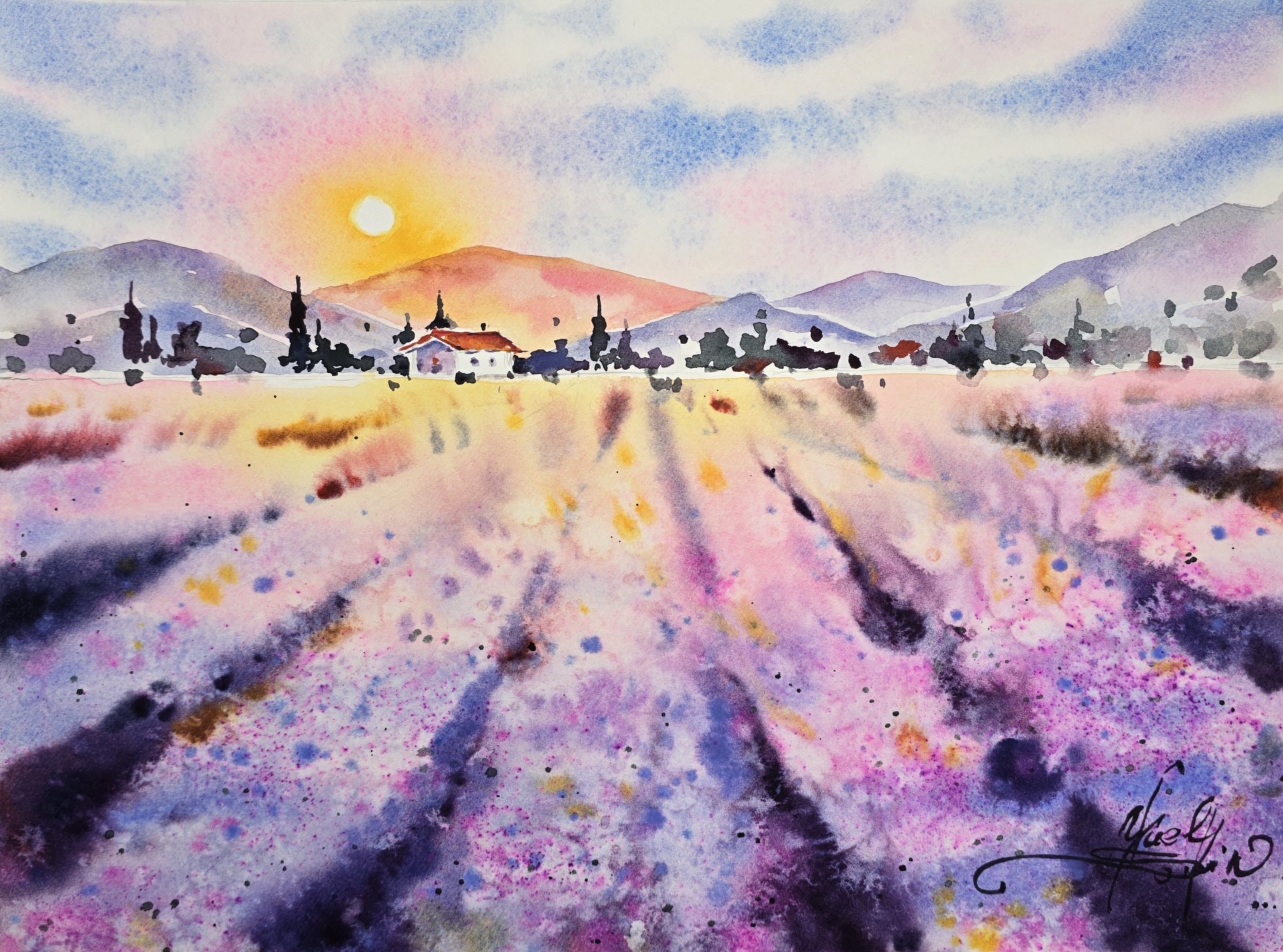 Watercolor painting of a lavender field at sunset by Yael Natali - vibrant purple and pink rows of lavender under a glowing sun and distant mountains, dreamy landscape art inspired by Provence