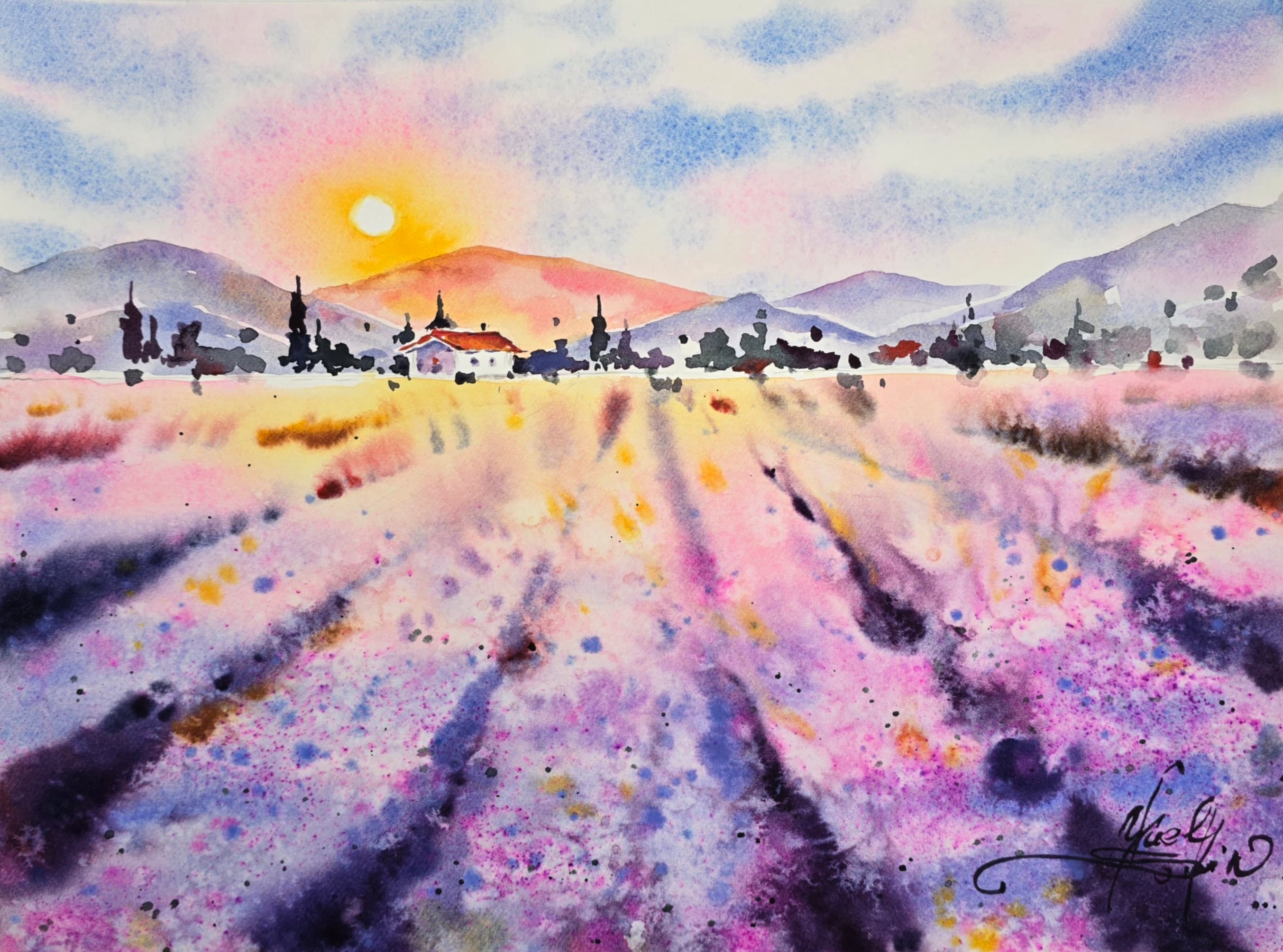 Watercolor painting of a lavender field at sunset by Yael Natali - vibrant purple and pink rows of lavender under a glowing sun and distant mountains, dreamy landscape art inspired by Provence