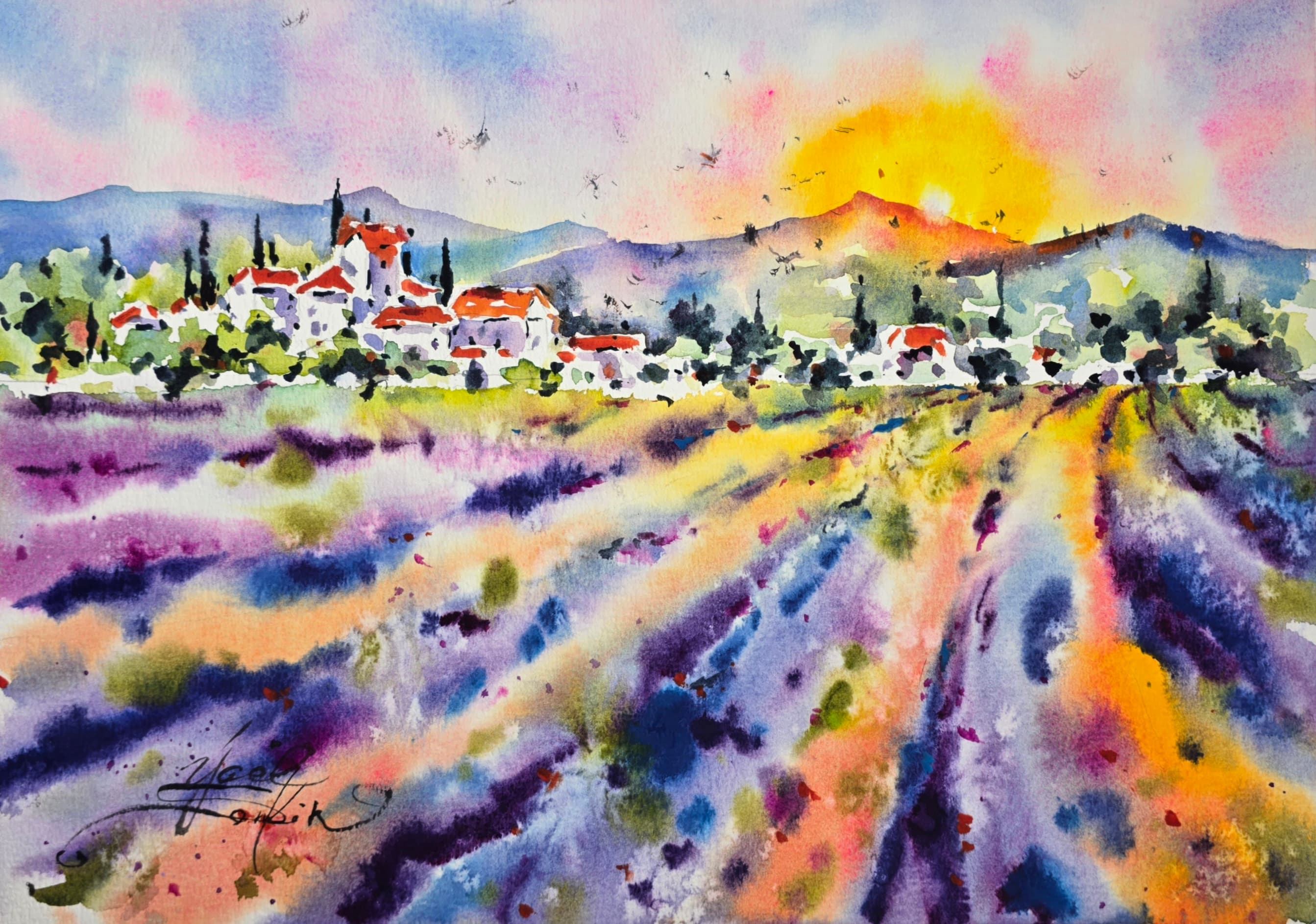Watercolor painting of lavender fields in Provence by Yael Natali — vibrant purple and yellow sunset over a village with red roofs and distant mountains, impressionistic landscape art capturing the charm of southern France