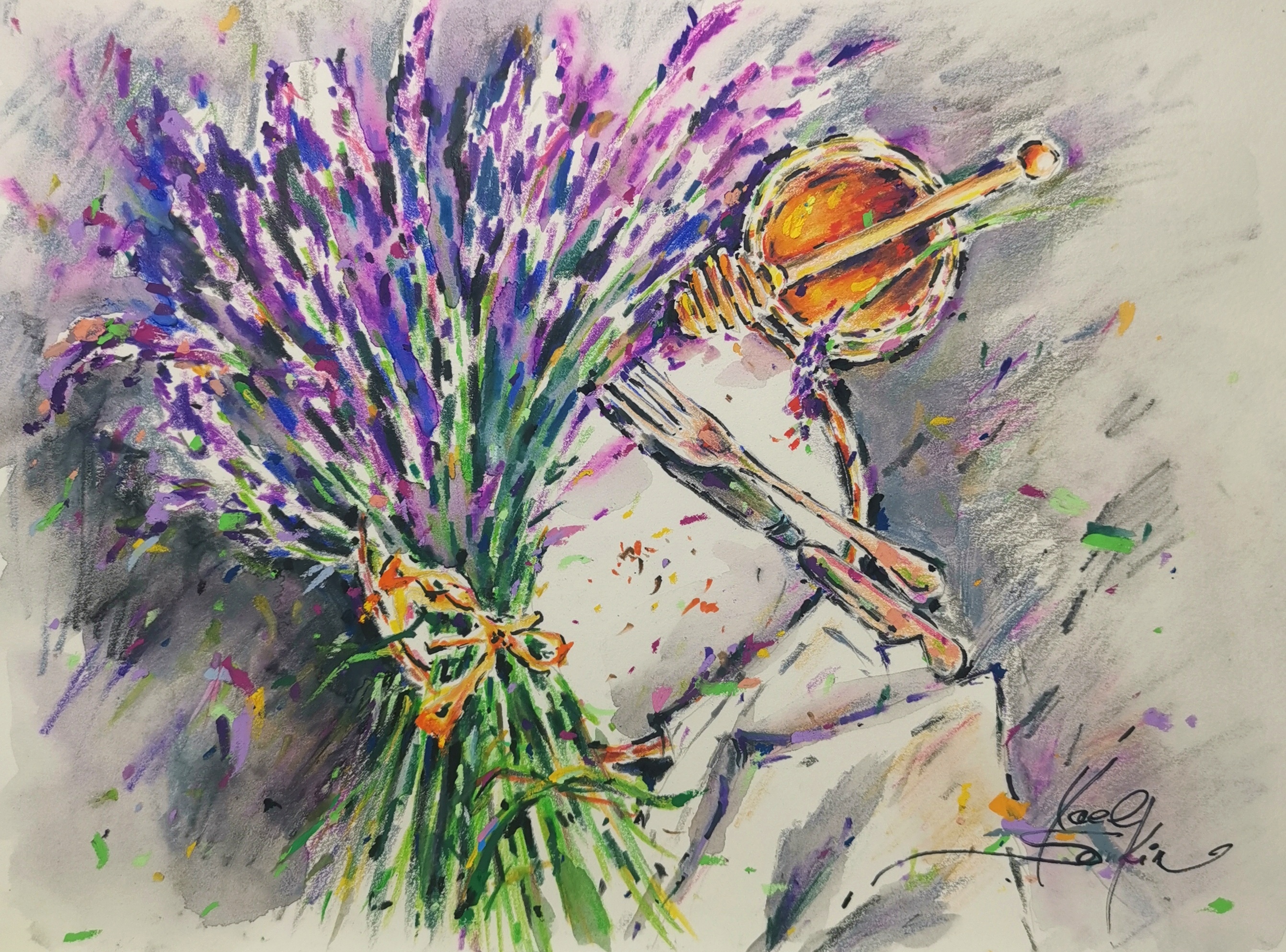 original watercolor pencil still life painting lavender and honey by yael natali, purple lavender bouquet with honey jar and napkin on table, botanical rustic kitchen