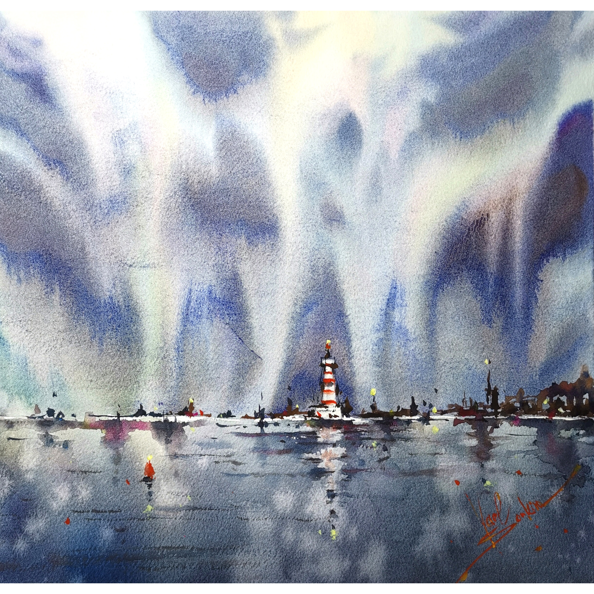 original watercolor painting of a lighthouse by the sea under a dramatic northern sky, reflected in calm water. Coastal seascape wall art by Yael Natali, 15x15 inch hand-painted artwork, perfect for nautical and marine decor