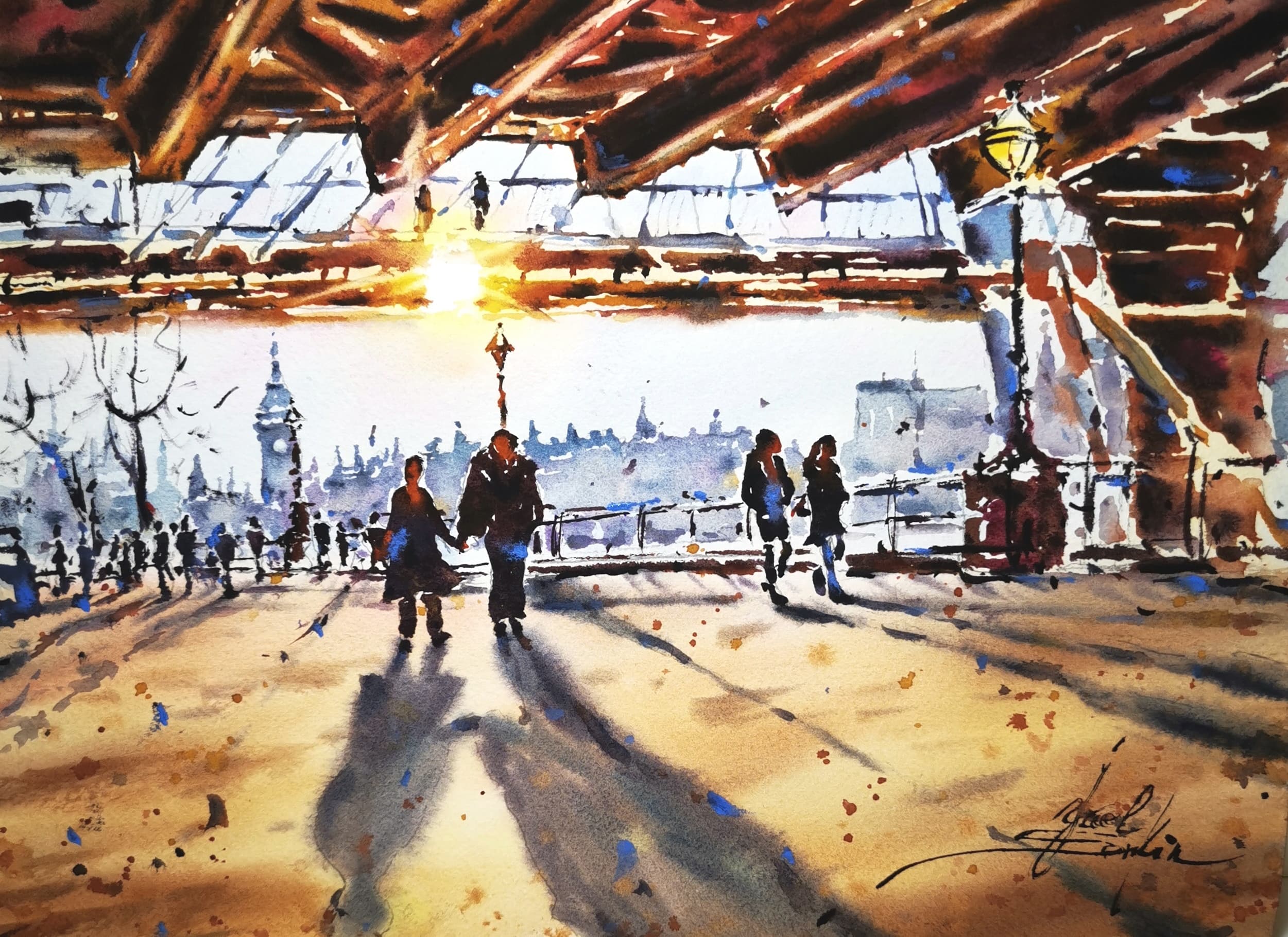 Original watercolor painting of London sunset with silhouettes of people, Big Ben in the distance, and warm golden light, hand-painted on professional paper, 9x12 inches