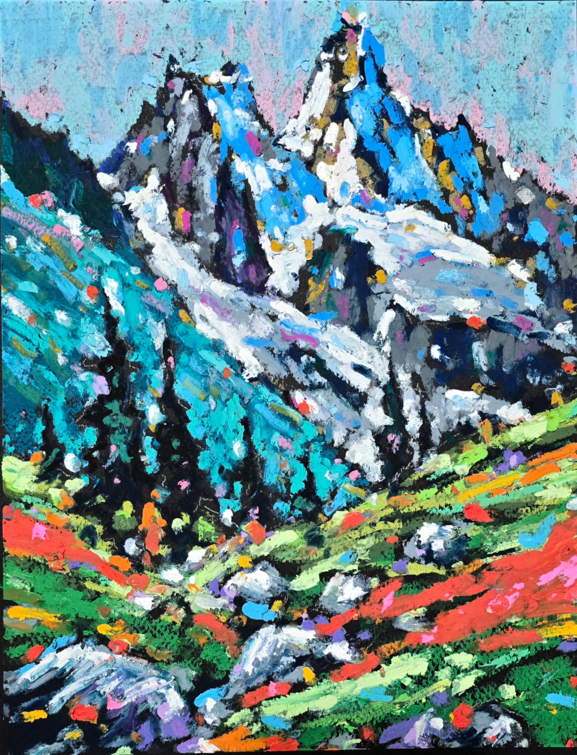 Original oil pastel painting by Yael Natali - colorful mountain landscape with snow peaks and vibrant meadow, impressionist alpine scenery artwork on black paper