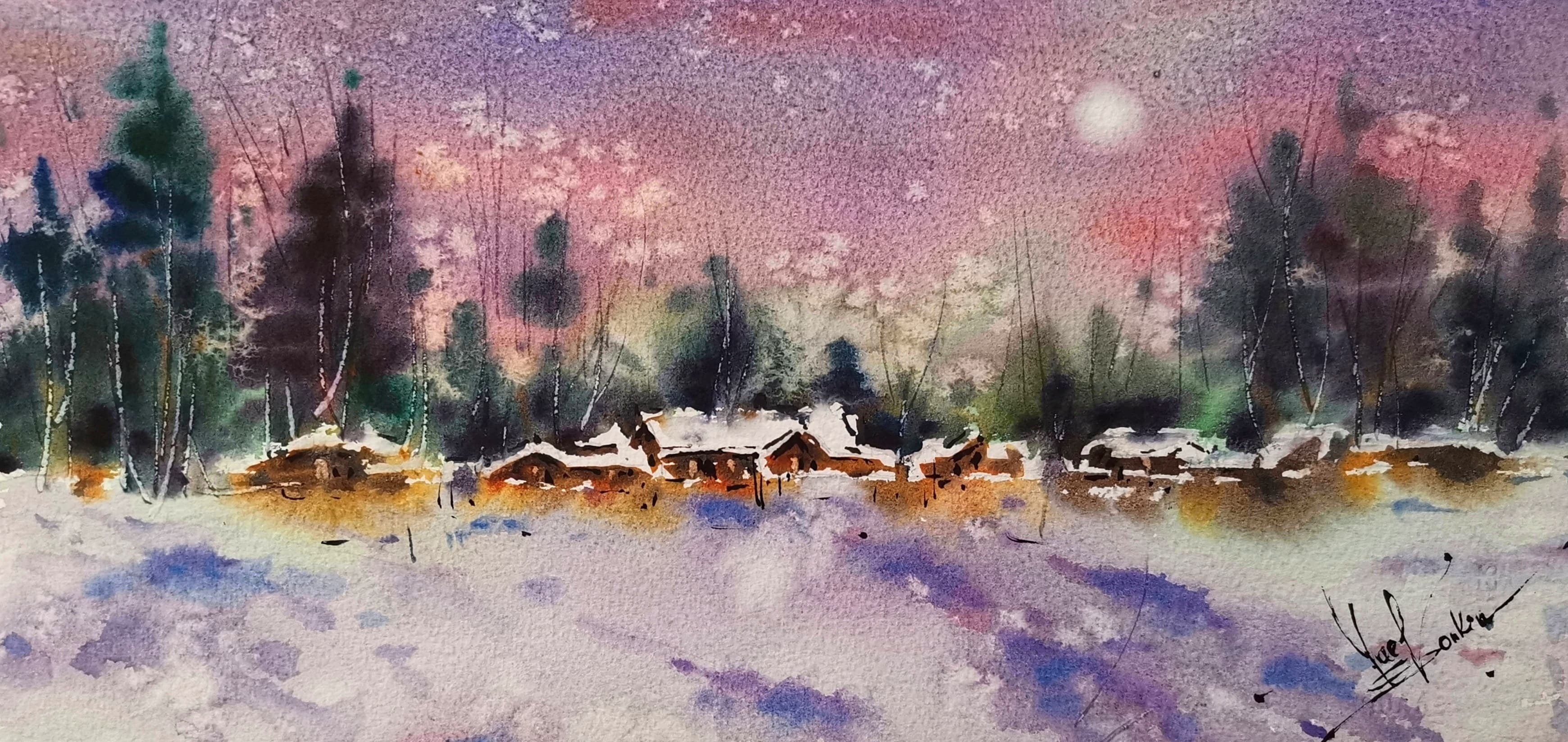 original watercolor painting of a snowy winter village under moonlight, landscape wall art with glowing sky, forest and houses, hand-painted unique artwork 7.5x15 inches