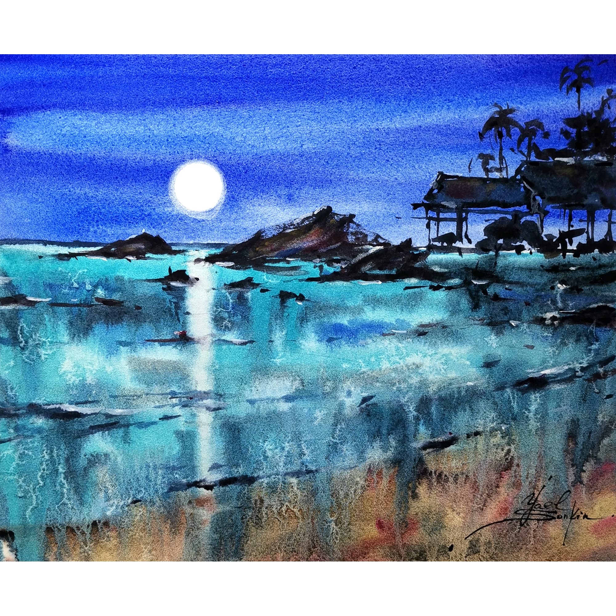 Original watercolor painting “Moonlight Night in Thailand Beach Village” by Yael Natali — moonlit tropical seascape with Thai huts, palm trees, and shimmering ocean reflections under a full moon