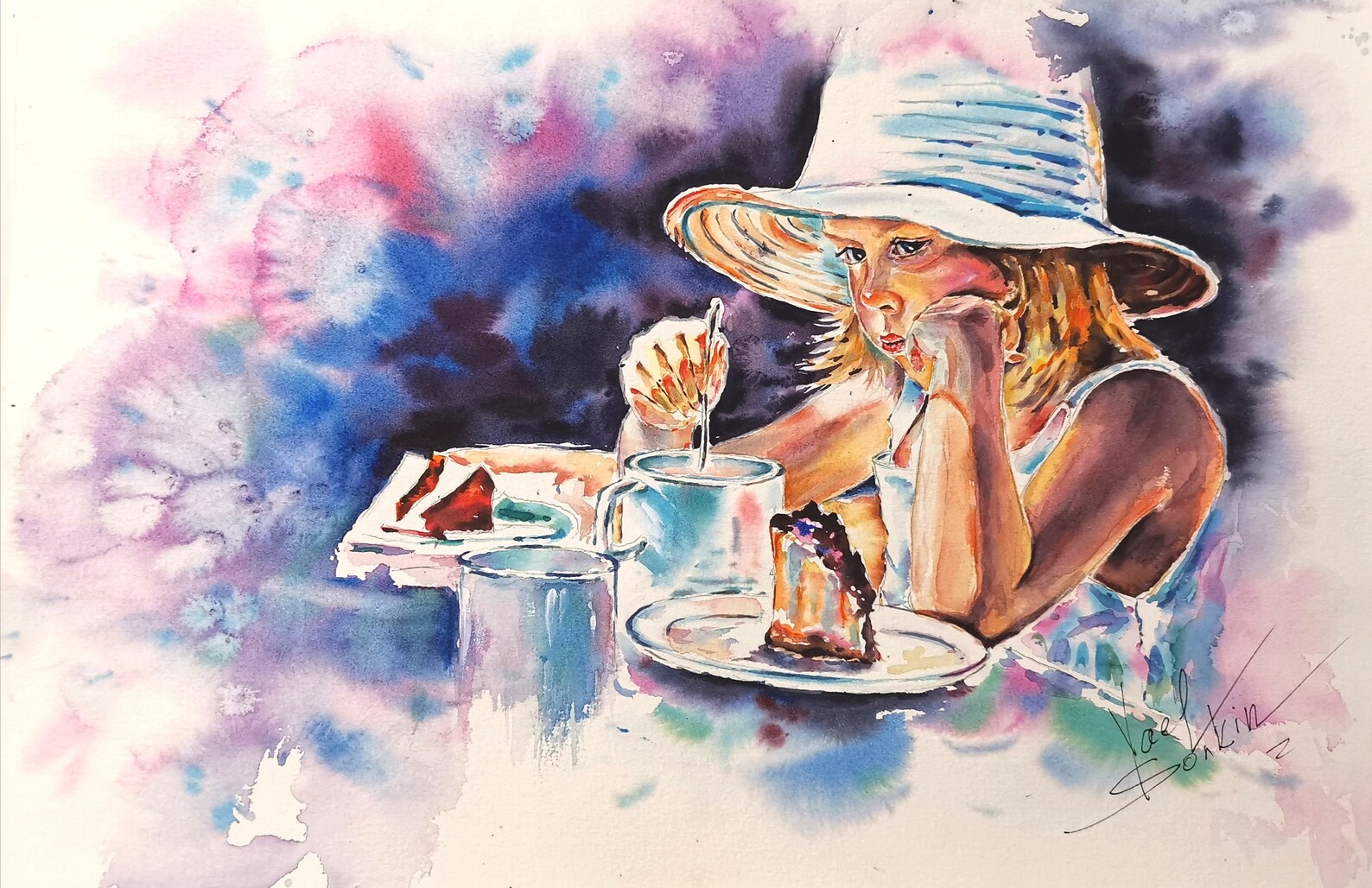 original watercolor painting of a young girl in a white hat enjoying tea and cake at a sunlit table, feminine, cozy and nostalgic artwork capturing a quiet afternoon moment, painted by artist Yael Natali in soft vibrant colors, perfect for kitchen or dining room wall art