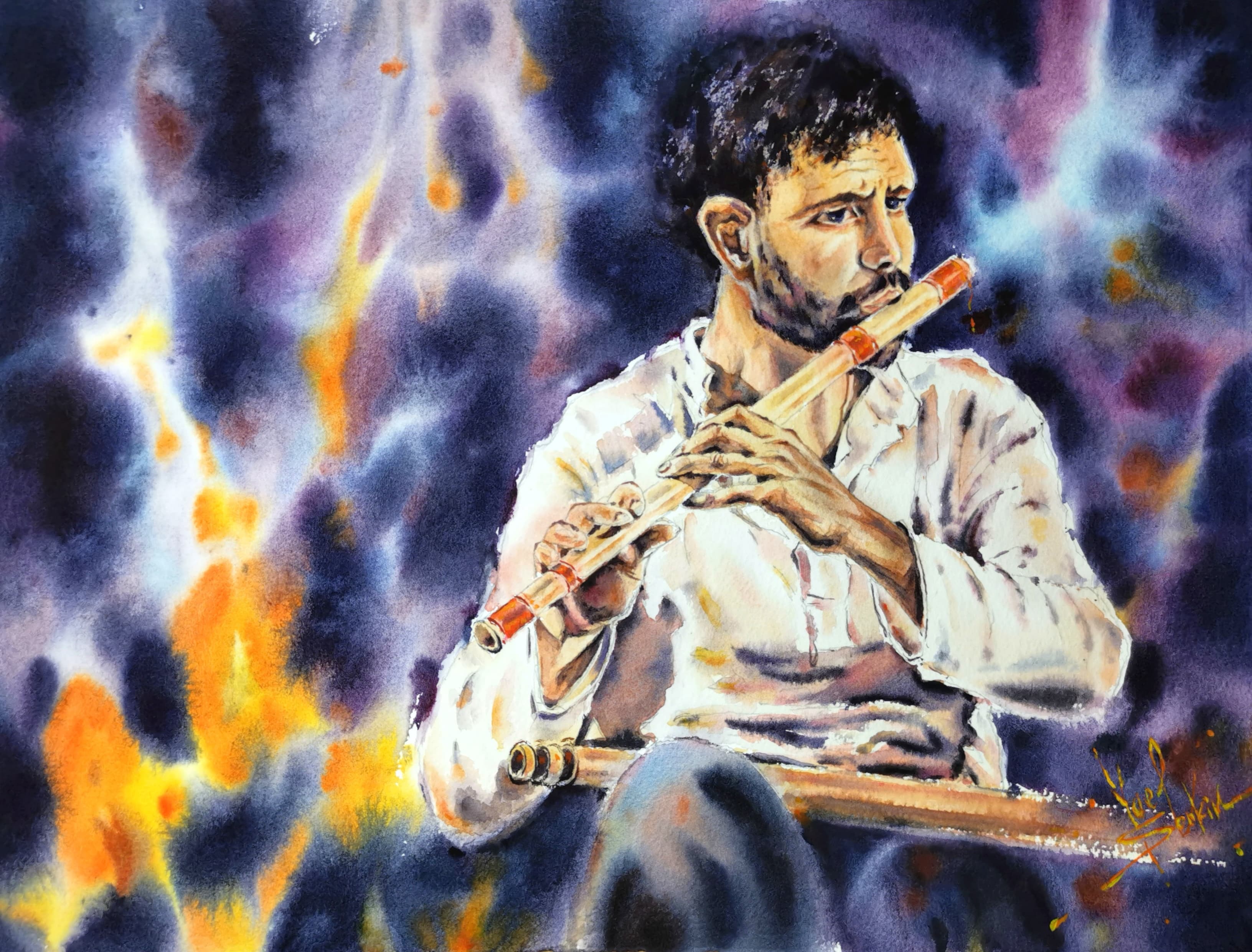 Original watercolor painting “Flutist” by Yael Natali — portrait of a male musician playing the flute against a vibrant abstract background of purple, blue, and gold. Expressive music-inspired fine art capturing the passion and emotion of live performance. Watercolor portrait of a flutist, perfect for music lovers, art collectors, and fans of musician artwork
