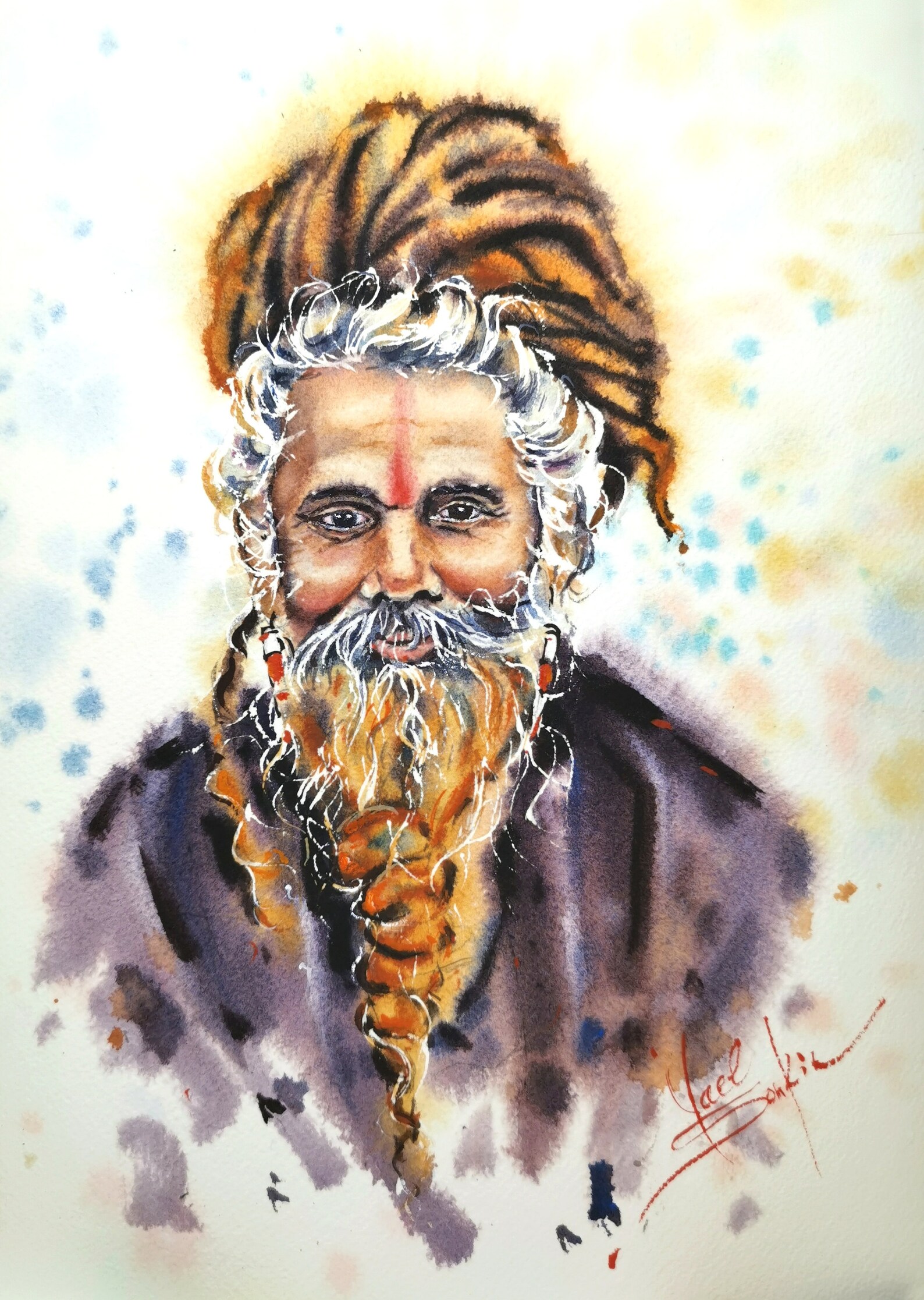 original watercolor painting indian sadhu portrait ethnic wall art spiritual guru artwork boho home decor