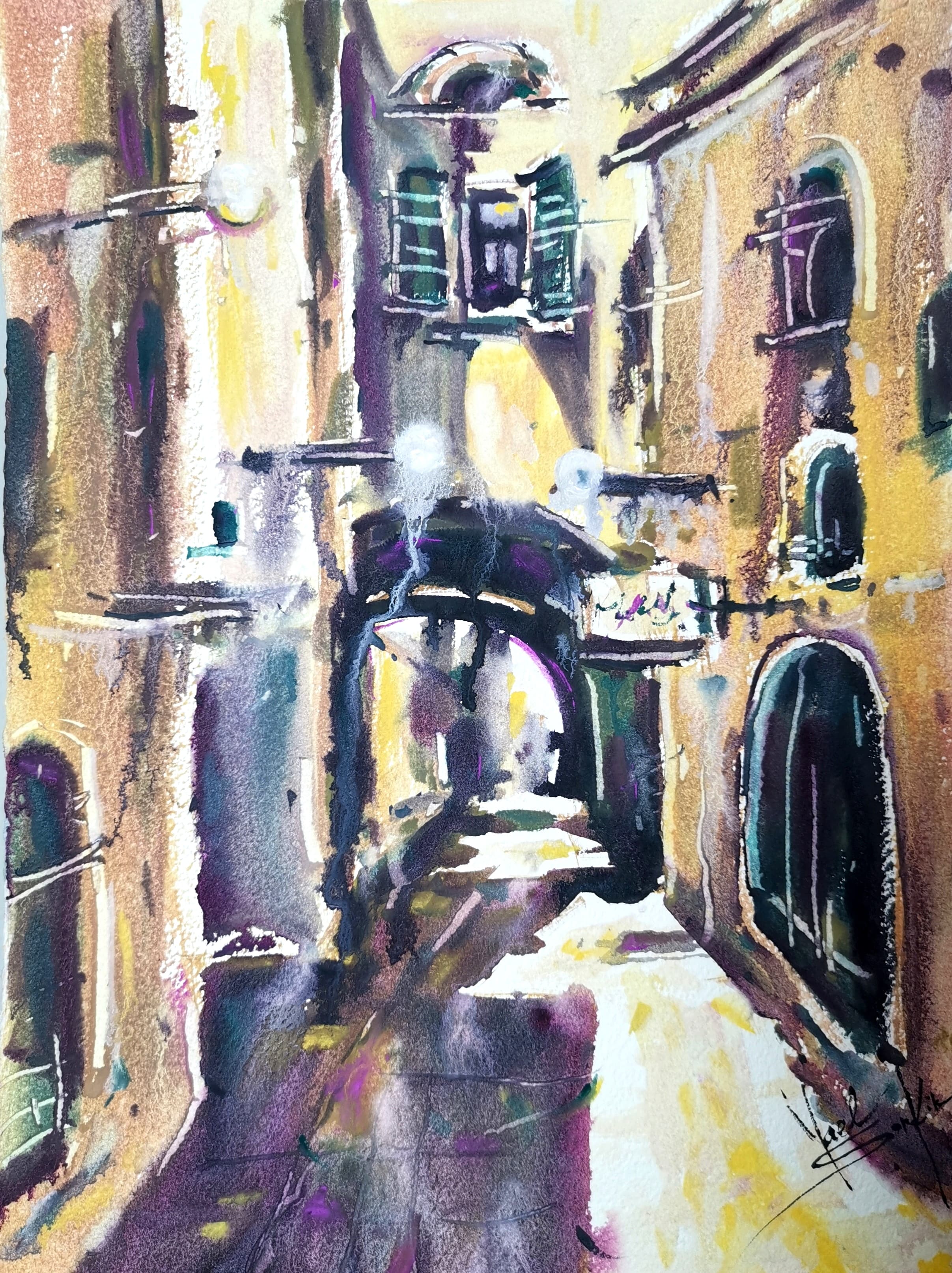 watercolor painting of Old Jaffa architecture in Israel, showing a narrow alley with stone arches, golden walls, and historic Mediterranean cityscape in warm light