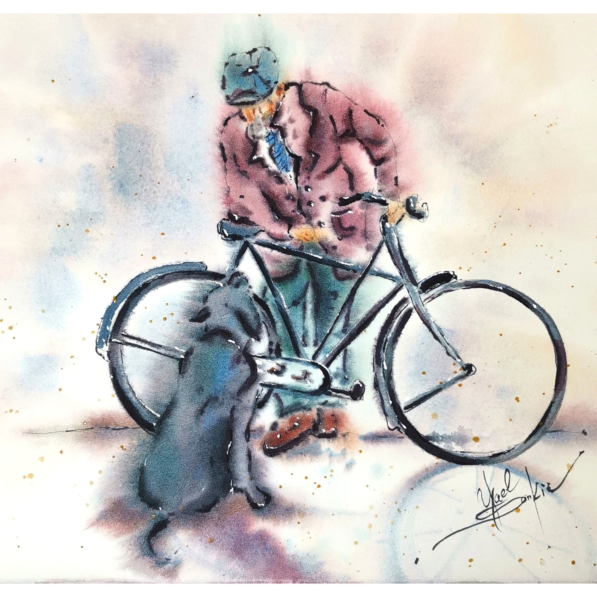 watercolor painting - a man in casual clothes stands with his bicycle on the street while a loyal black dog sits at his side, painted in soft expressive tones, original artwork, 11 x 11.5 inches