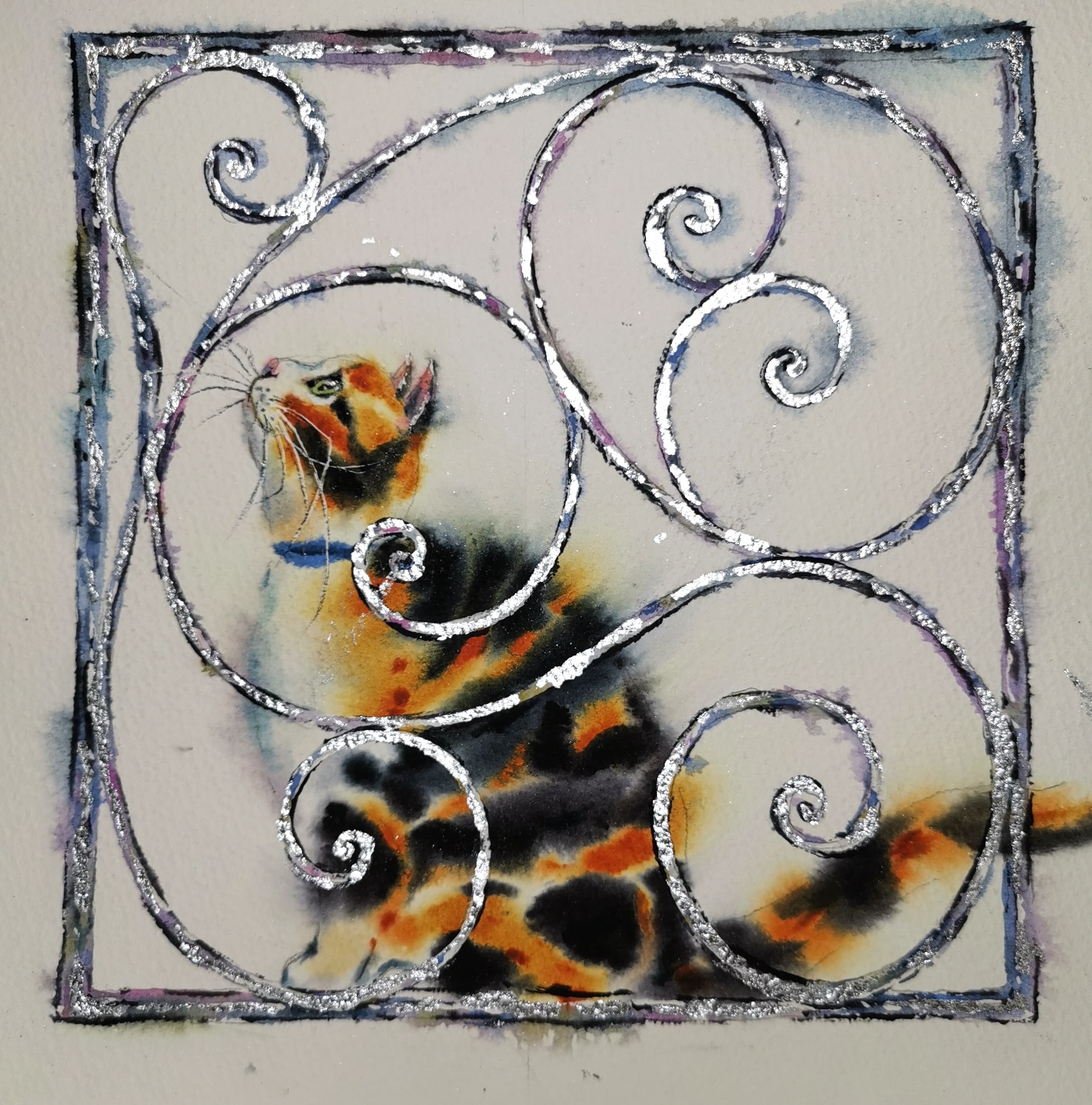 original watercolor painting of calico cat sitting behind decorative silver foil window frame, dreamy gaze, square artwork, signed by artist yael natali, 10x10 inches