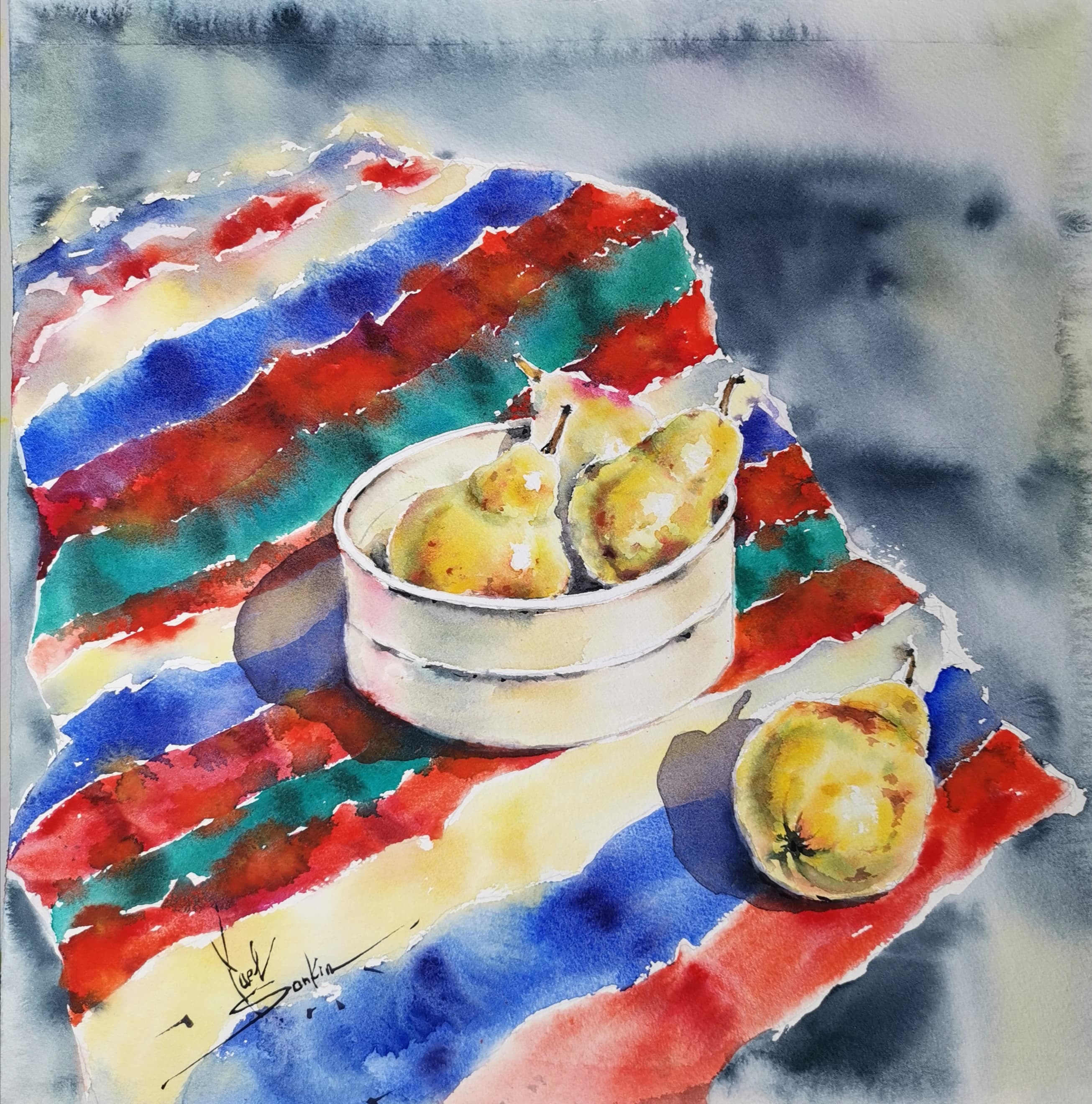 original watercolor still life painting of golden pears on a colorful striped cloth, hand-painted by Yael Natali, bright yellow fruits on vibrant red, blue, and green background, square composition, 15x15 inches, impressionistic kitchen wall art