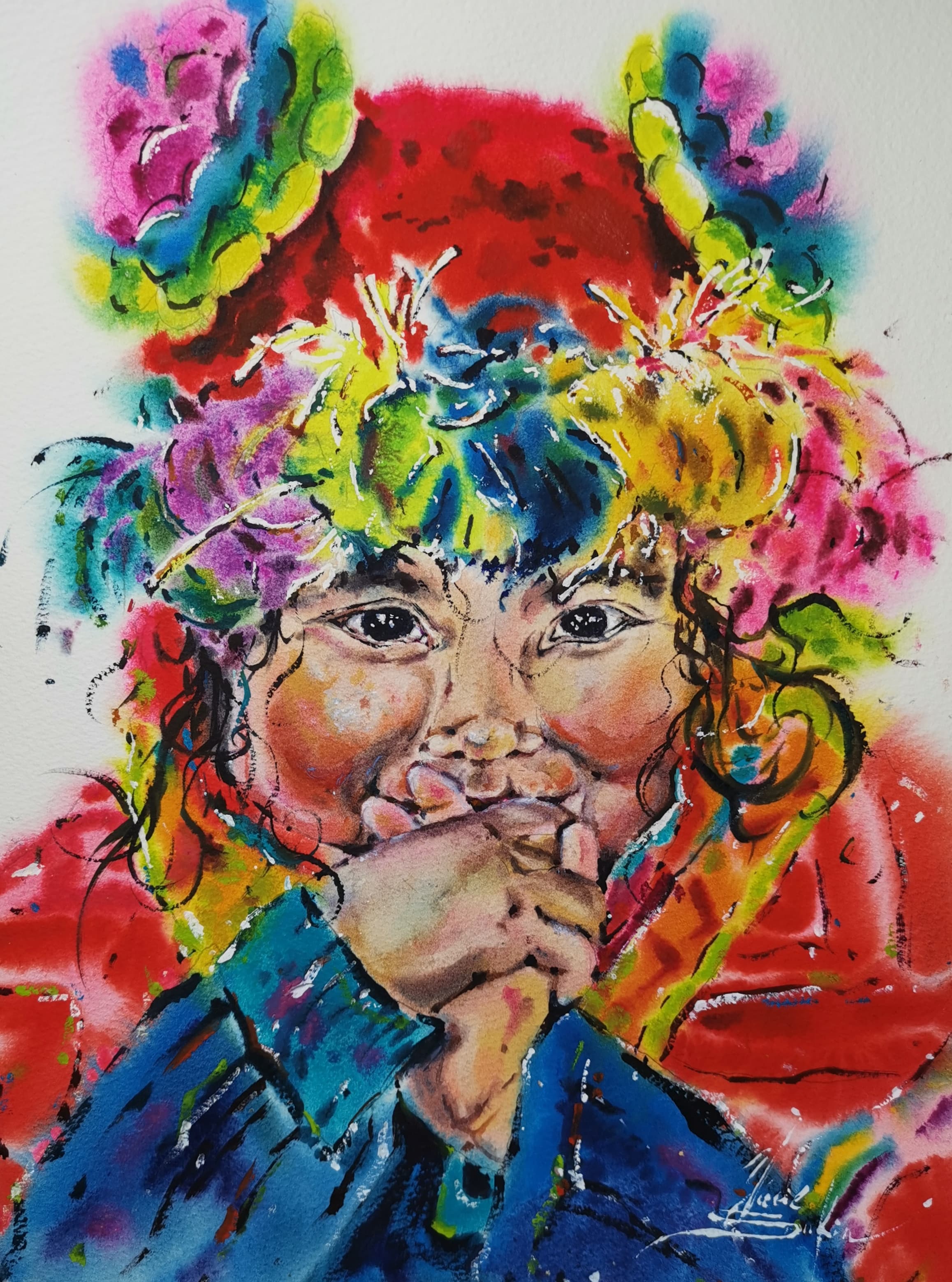 original watercolor painting of peruvian child, colorful portrait wall art, traditional clothing, hand painted unique artwork, signed by artist yael natali