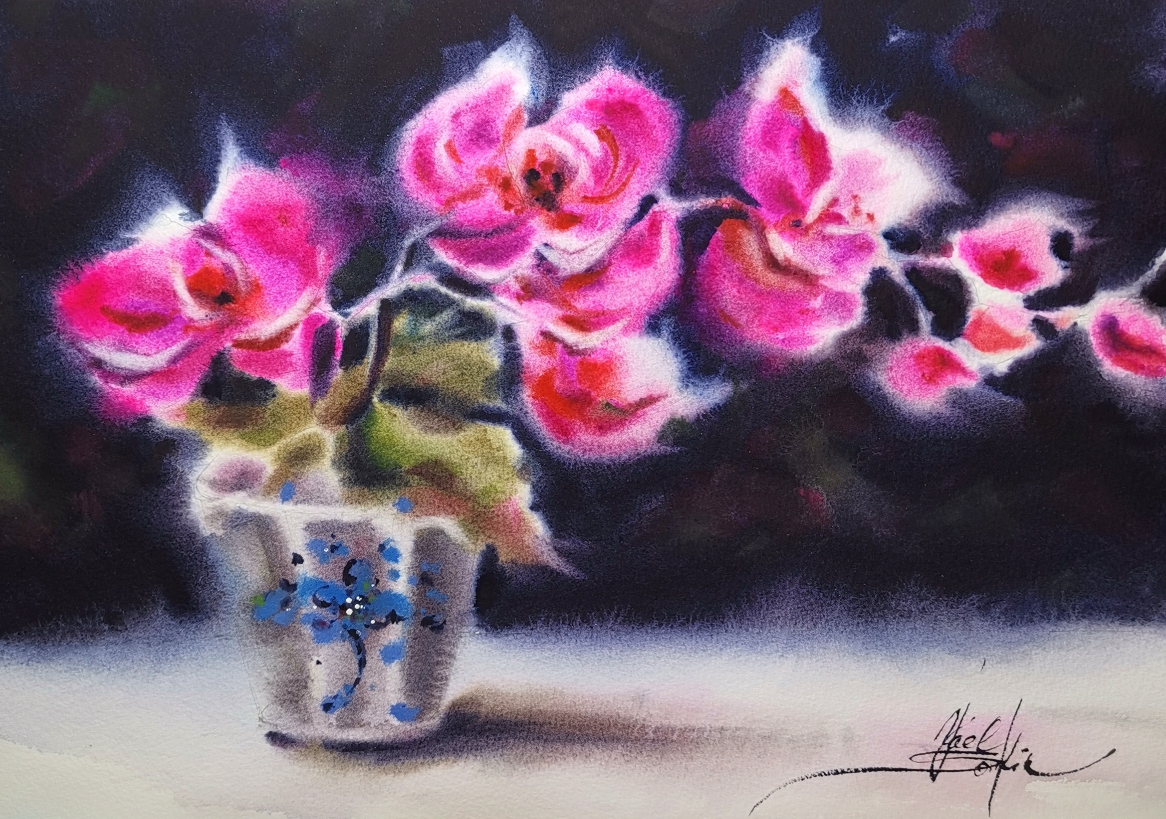 original watercolor painting of pink orchid flowers in bloom, created in wet-on-wet technique with a deep expressive background in indigo, olive, and carmine tones. Vibrant floral wall art, unique hand-painted artwork, 11x15 inches
