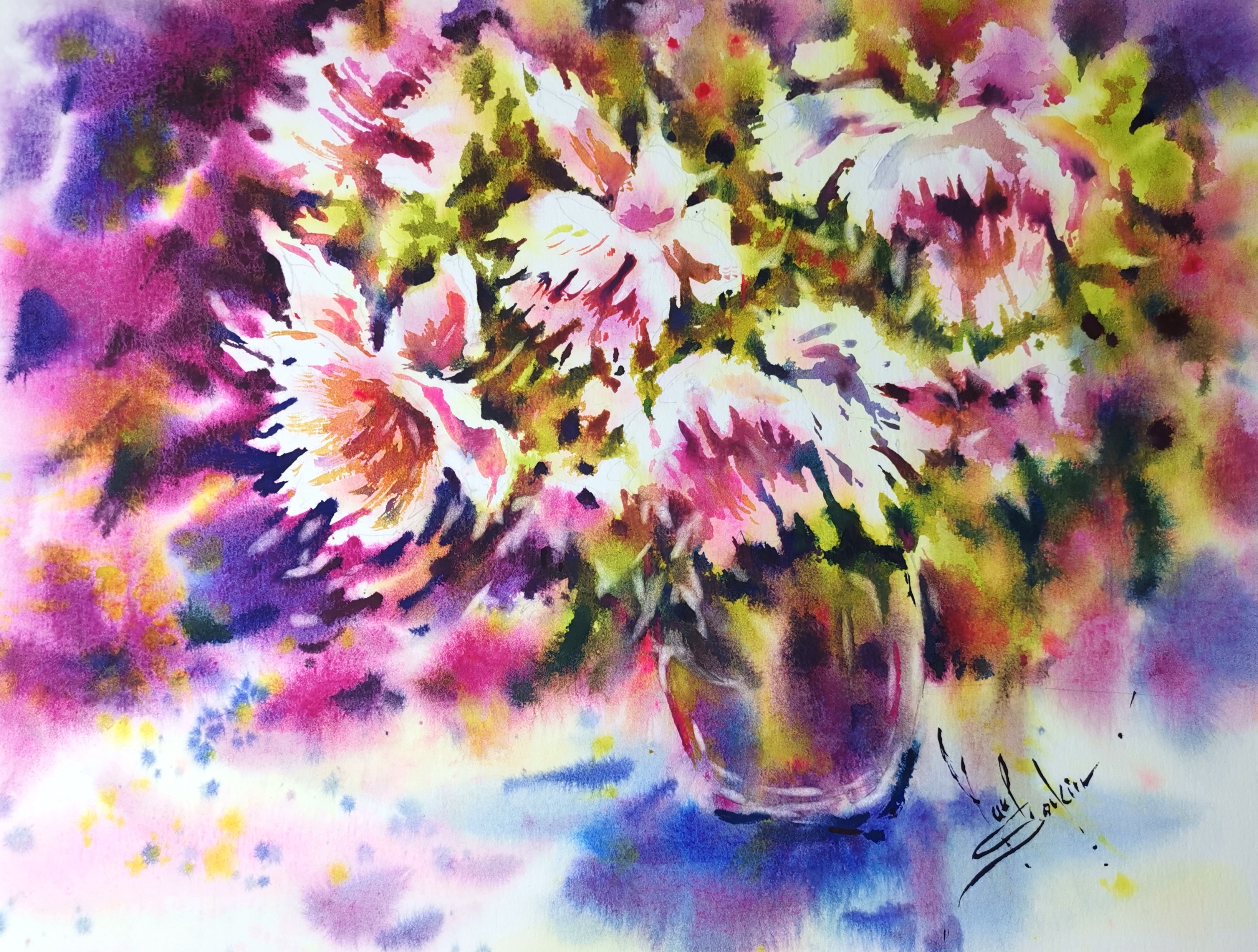 original watercolor painting of a pink peonies bouquet in a vase, floral wall art, romantic flower still life, handmade artwork by Yael Natali