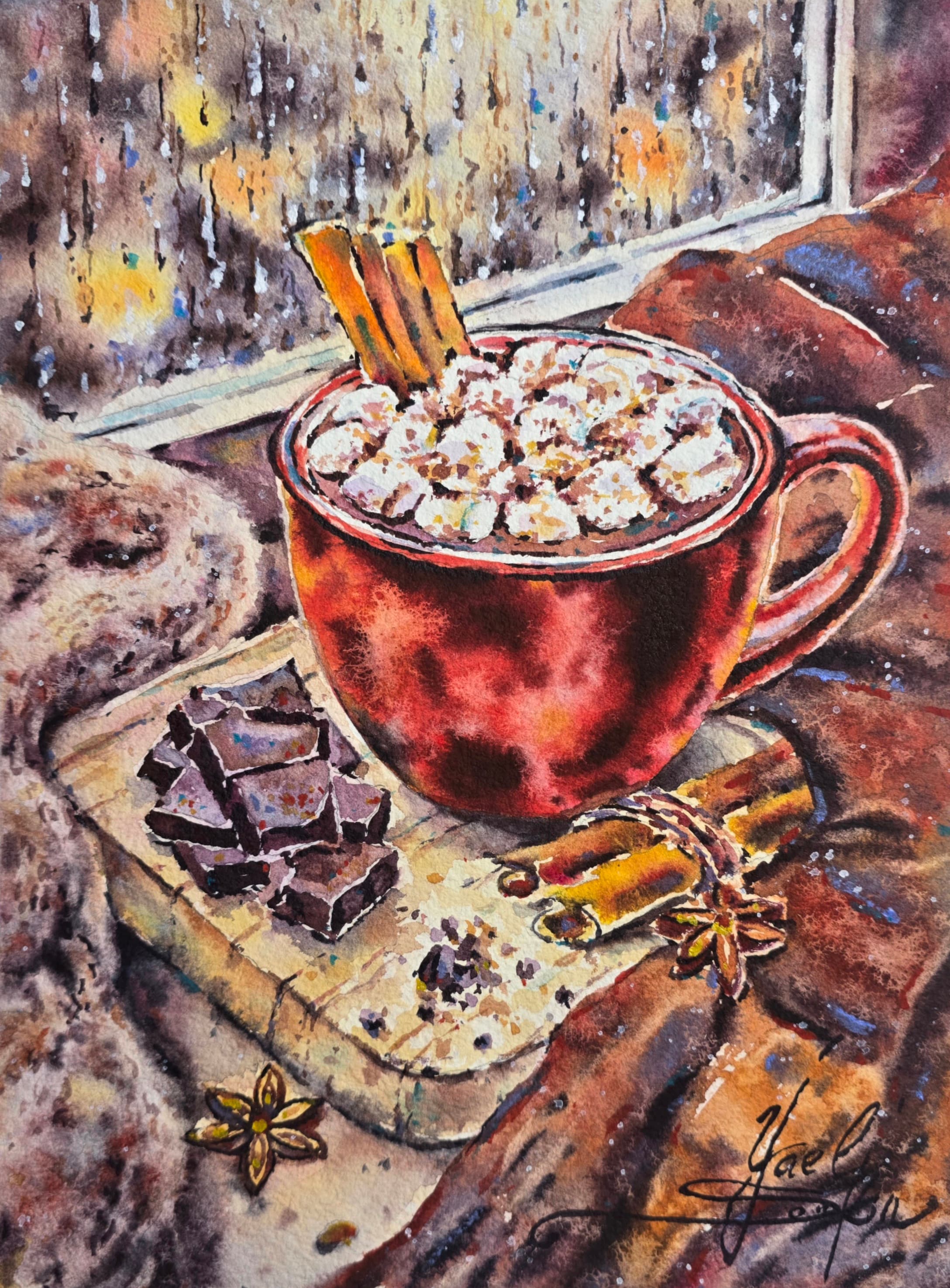 Original watercolor painting of hot cocoa with marshmallows, cinnamon sticks and chocolate on a cozy rainy day