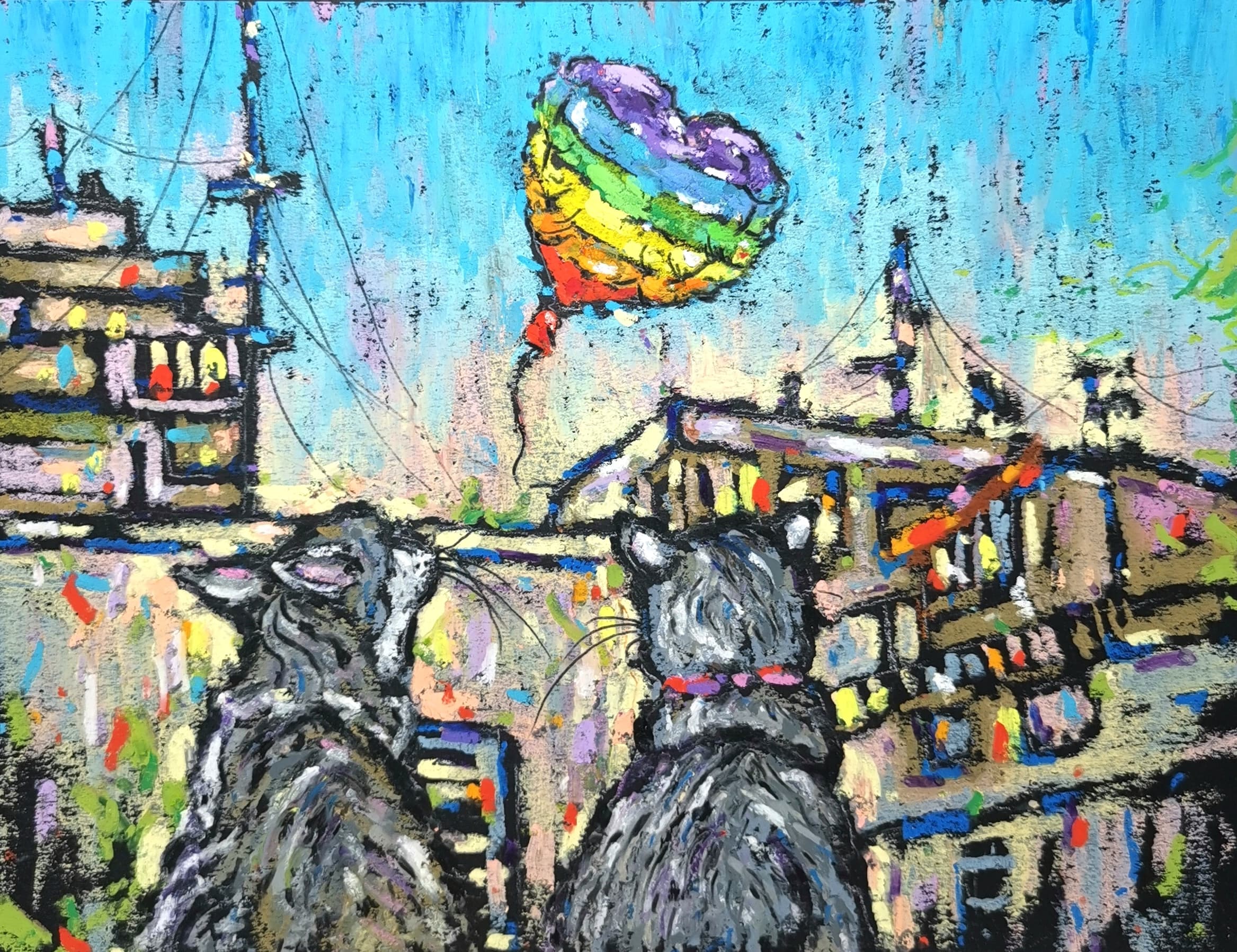 original oil pastel cats painting, two cats with rainbow heart balloon, whimsical animal wall art, 9x12 inches artwork, colorful pastel drawing signed by artist yael natali