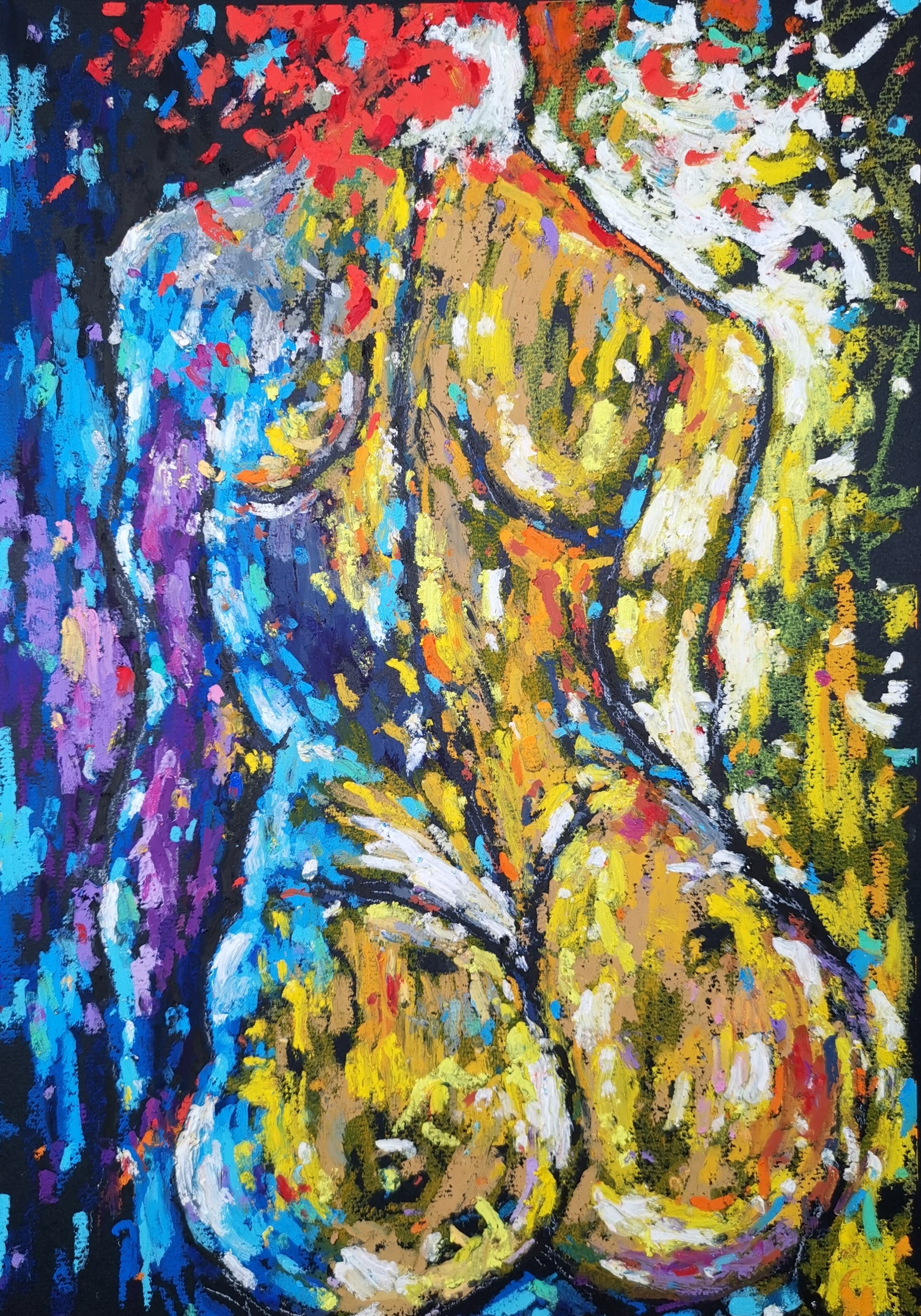 original oil pastel painting of abstract female nude body, vibrant colors, expressive strokes, modern figurative wall art, 16.5x11.5 inches