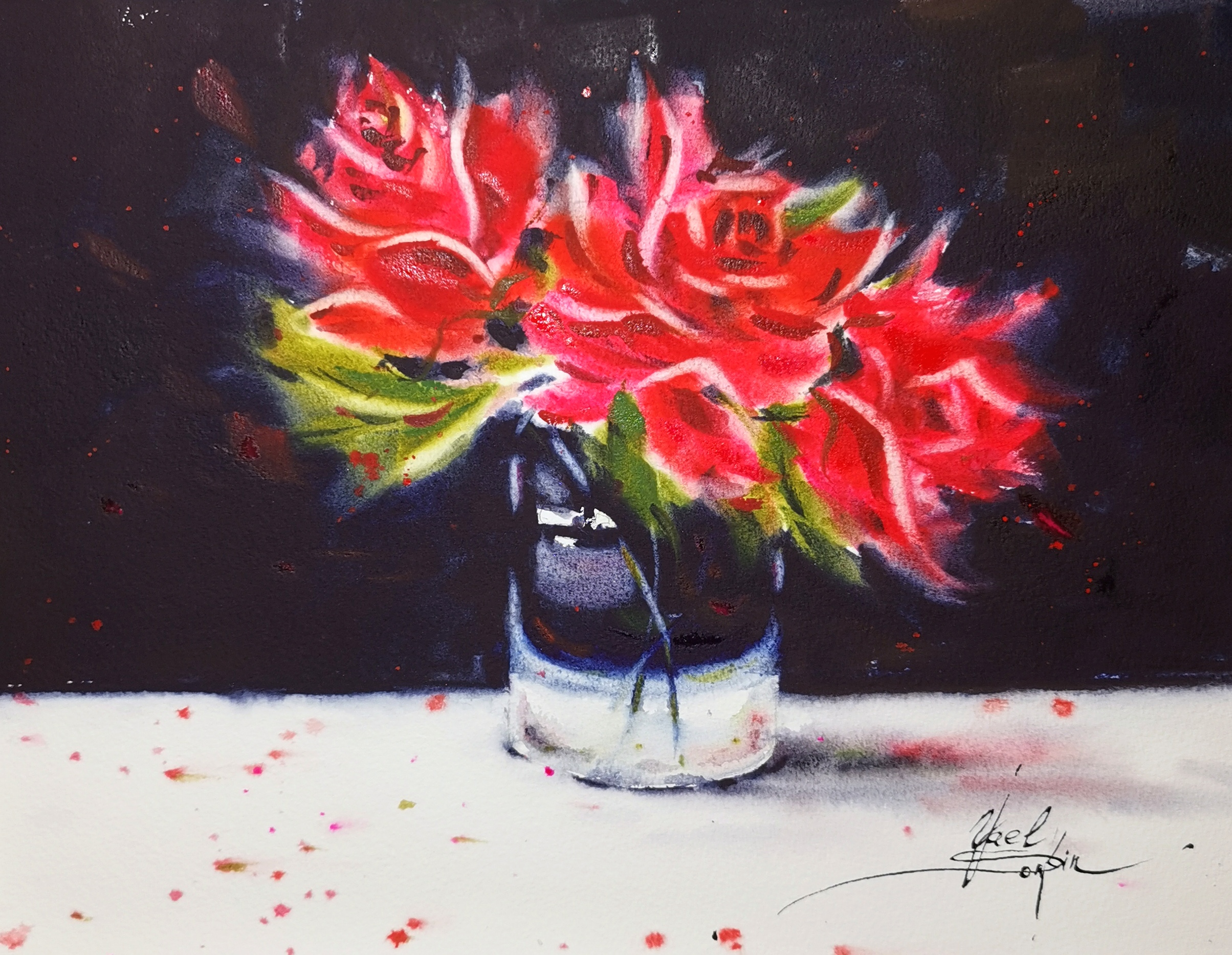 watercolor artwork of vibrant red roses bouquet in a glass vase, dramatic dark backdrop, romantic floral still life 11x15