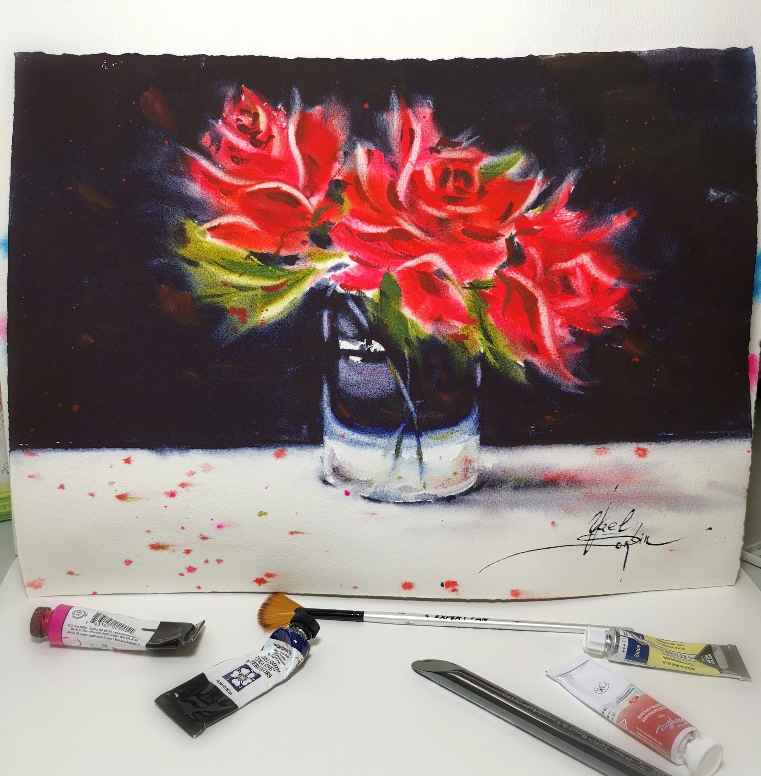 original watercolor painting of red roses in glass vase on dark background, floral wall art 11x15 inches