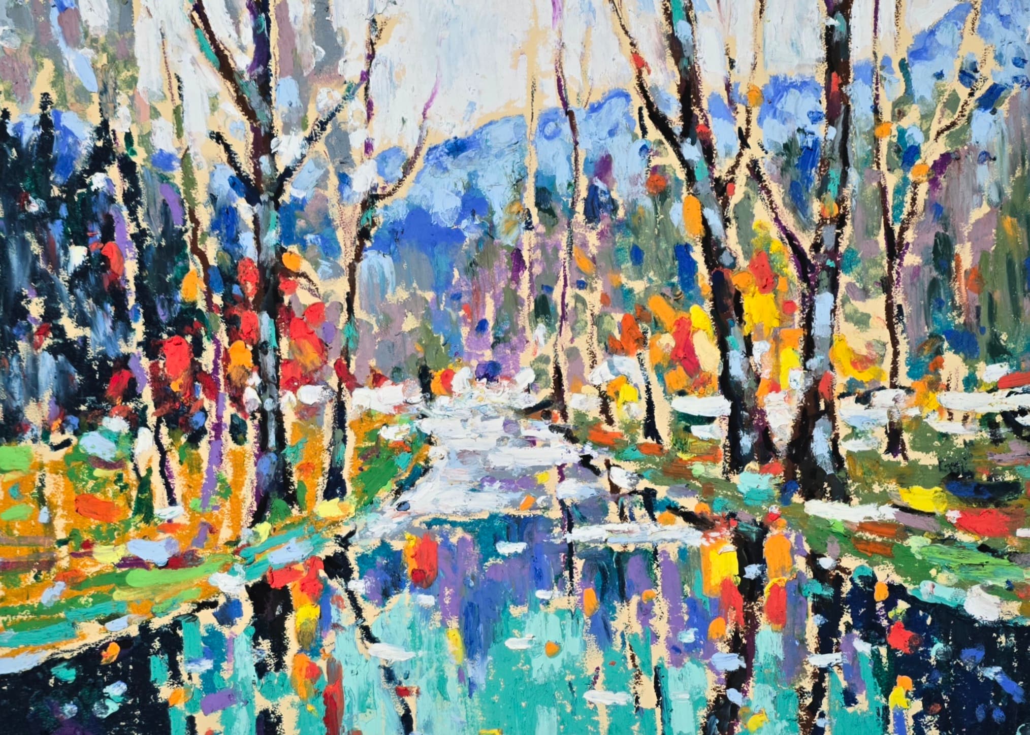 Original oil pastel painting by Yael Natali - colorful autumn forest with river reflections, impressionist landscape art on paper, 9x12 inches