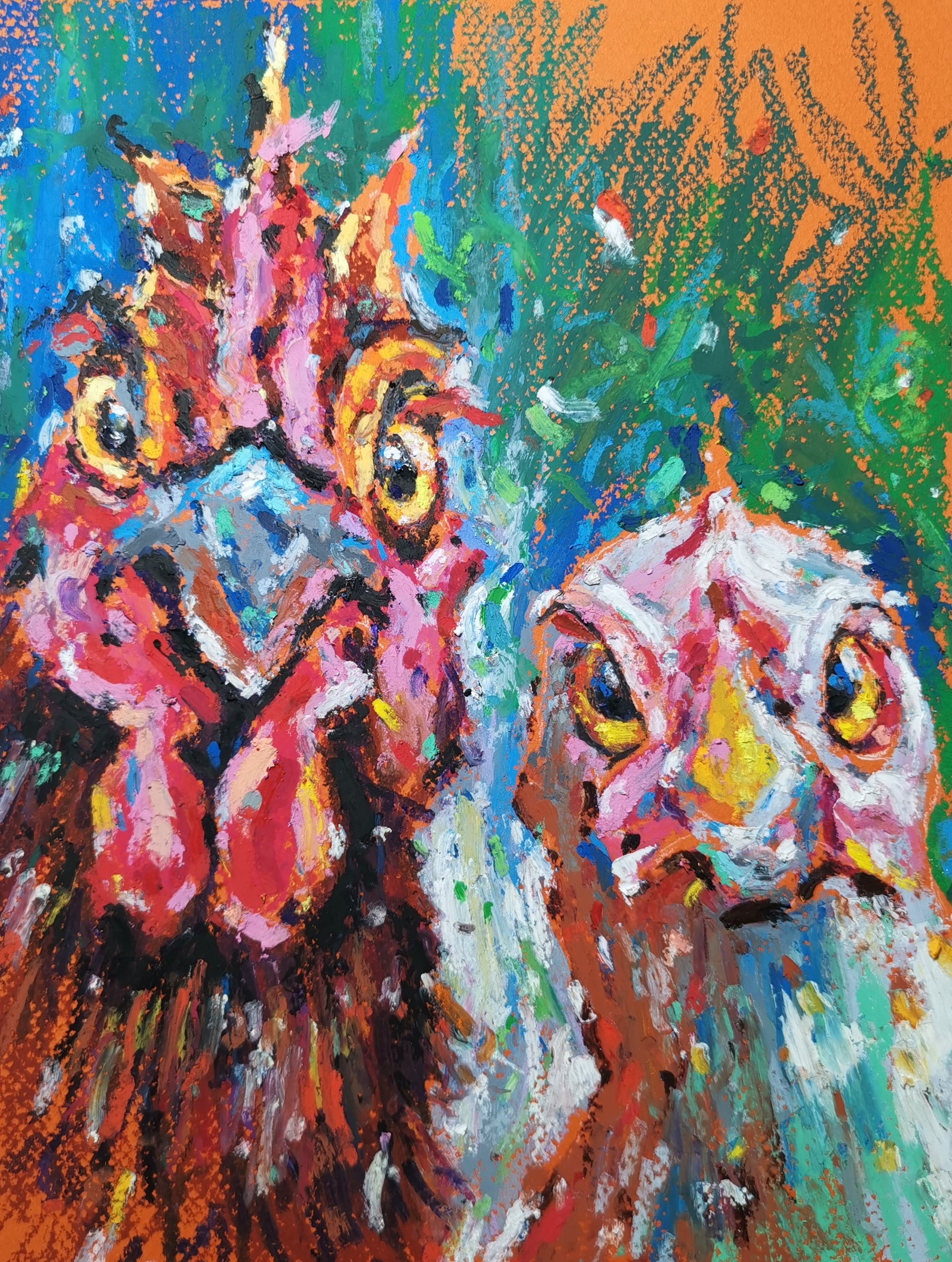 colorful oil pastel painting of a rooster and hen, rustic countryside farm life, original artwork