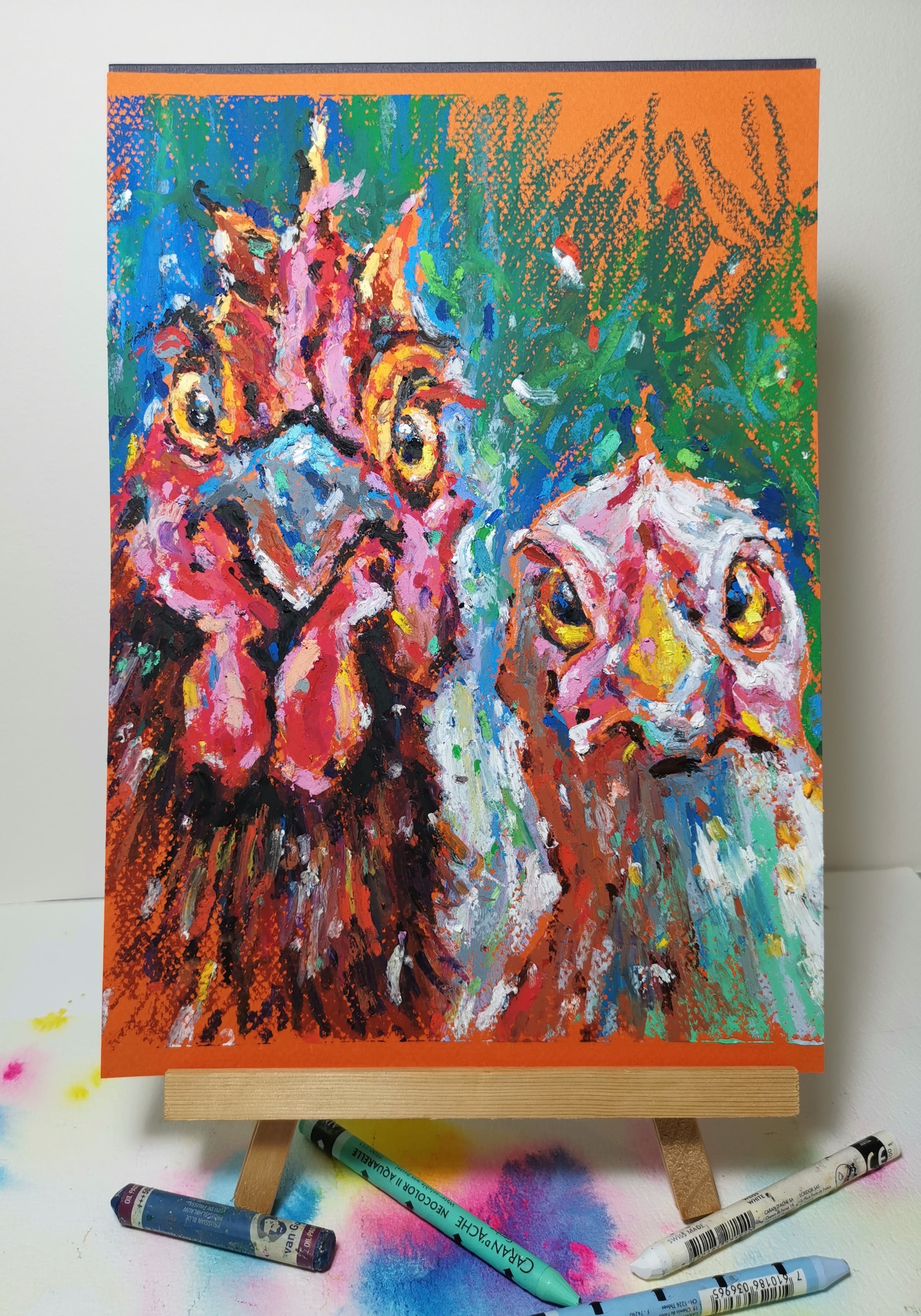 vibrant rooster and hen portrait in oil pastels, symbol of rural countryside living and farm animals