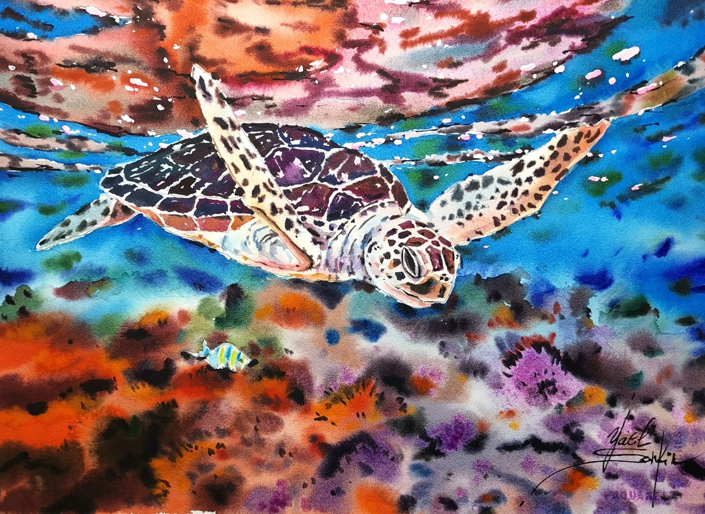 original watercolor painting of a sea turtle swimming in a vibrant coral reef with tropical fish, marine life wall art, ocean underwater scene, 11x15 inches