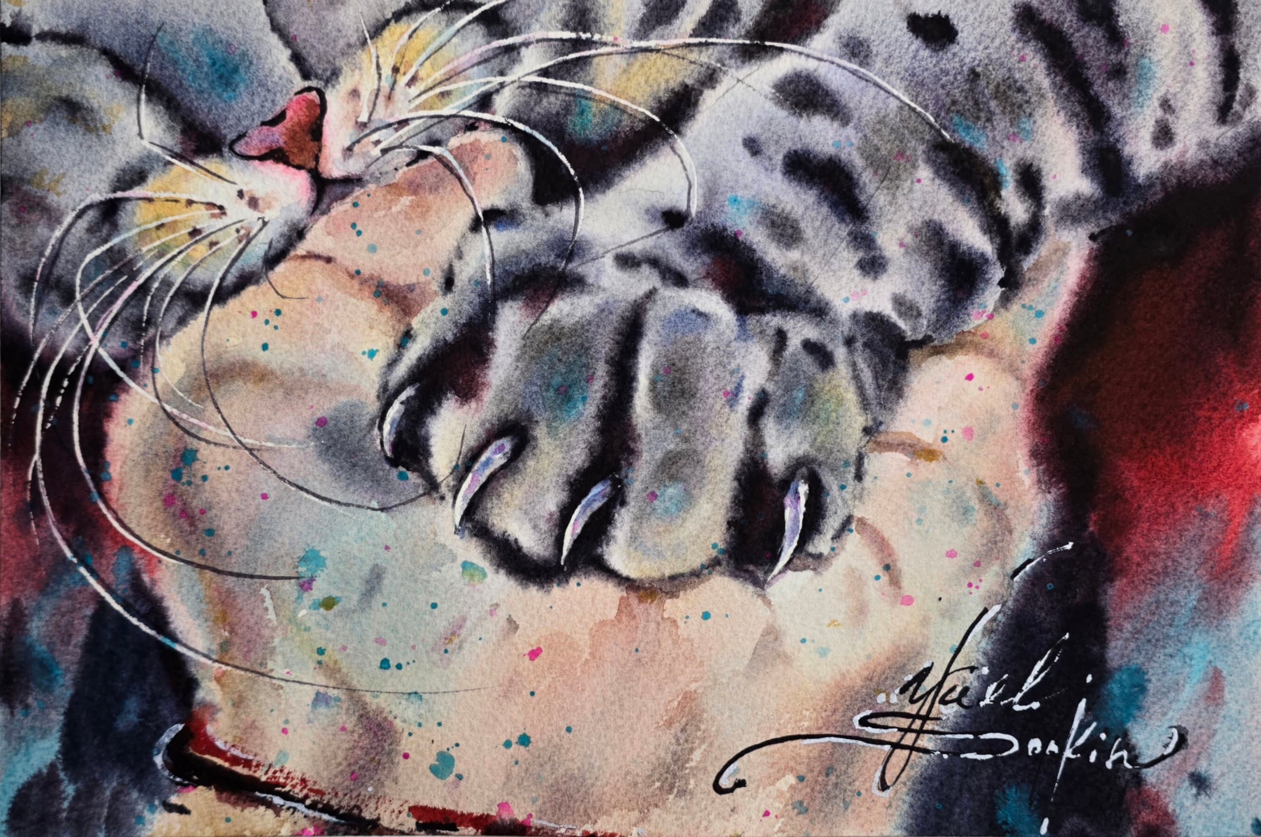 Original watercolor painting of a sleeping cat’s paw, close-up cozy animal art