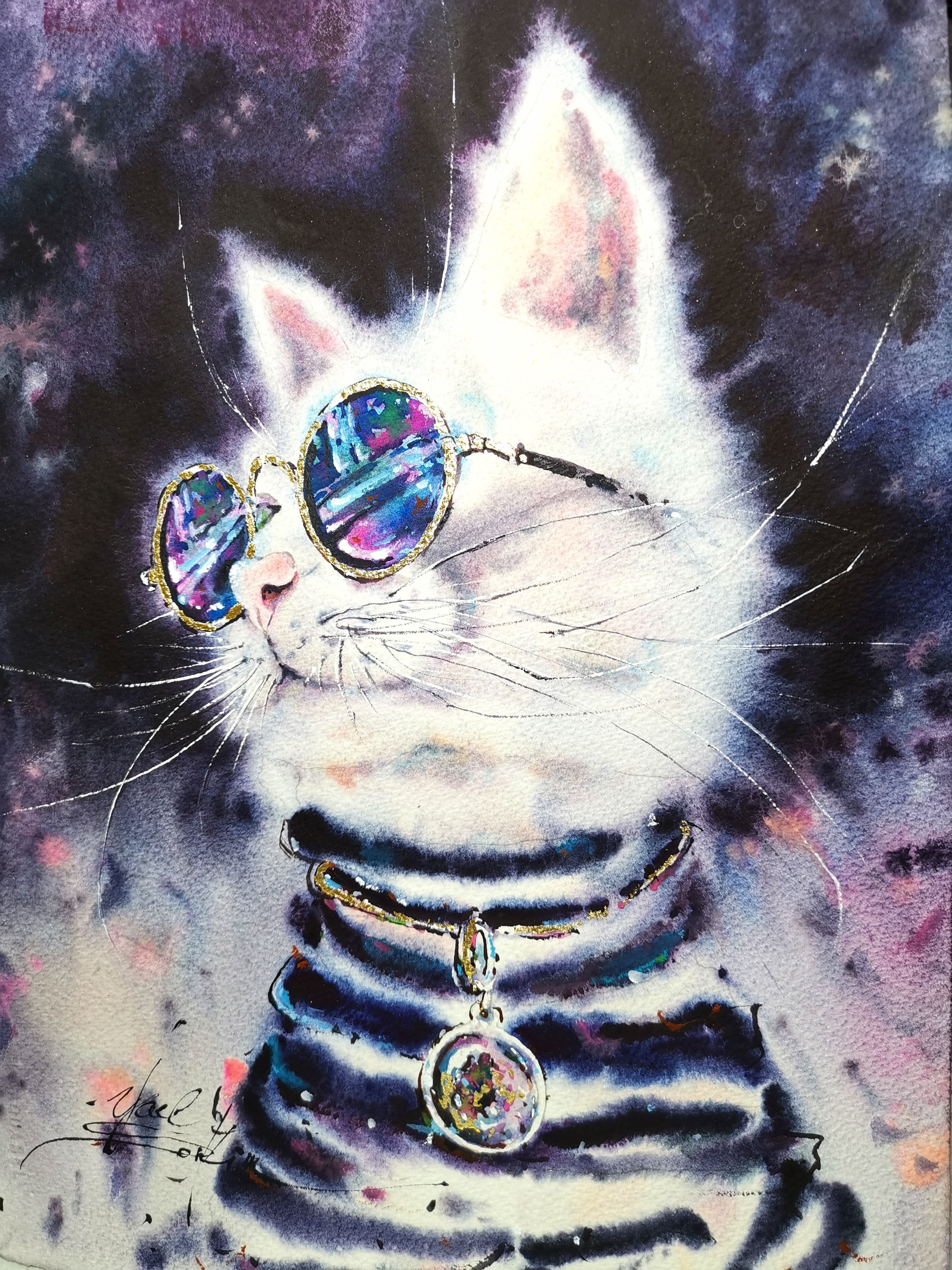 white fluffy cat watercolor painting with gold leaf glasses and striped outfit, stylish modern glamour cool wall art by Yael Natali, original artwork 15x11 inches