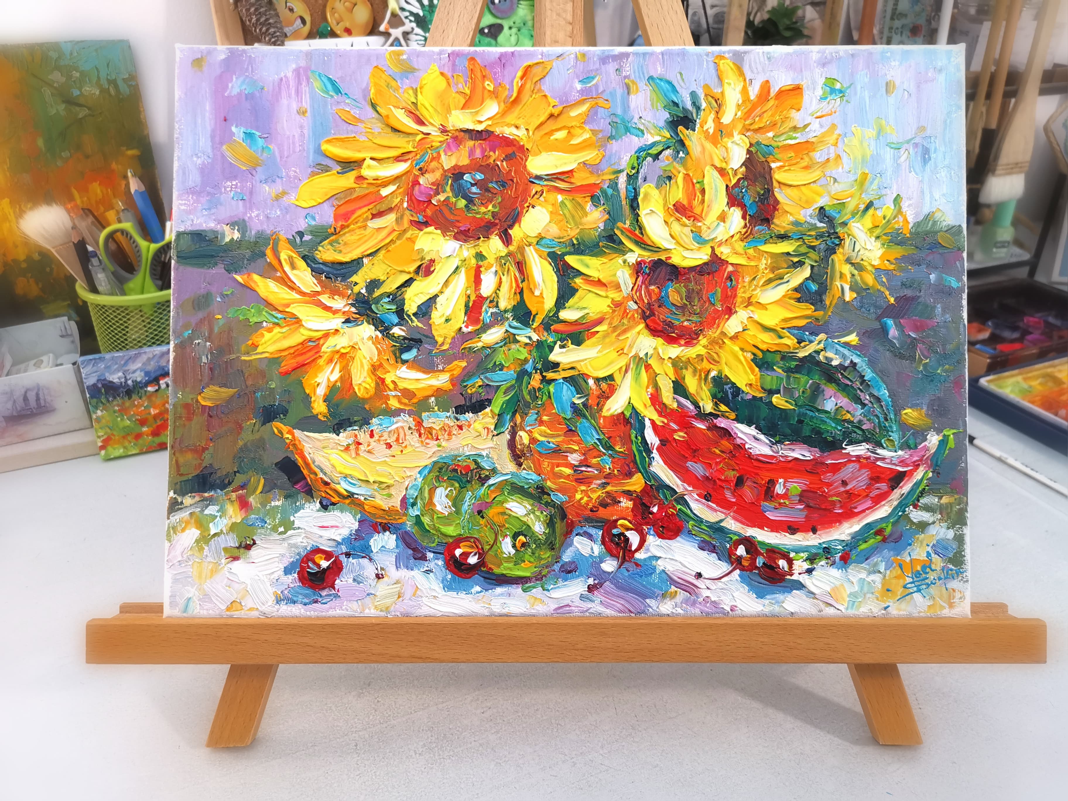 bright sunflower and fruit still life oil painting, impasto technique, original artwork on canvas
